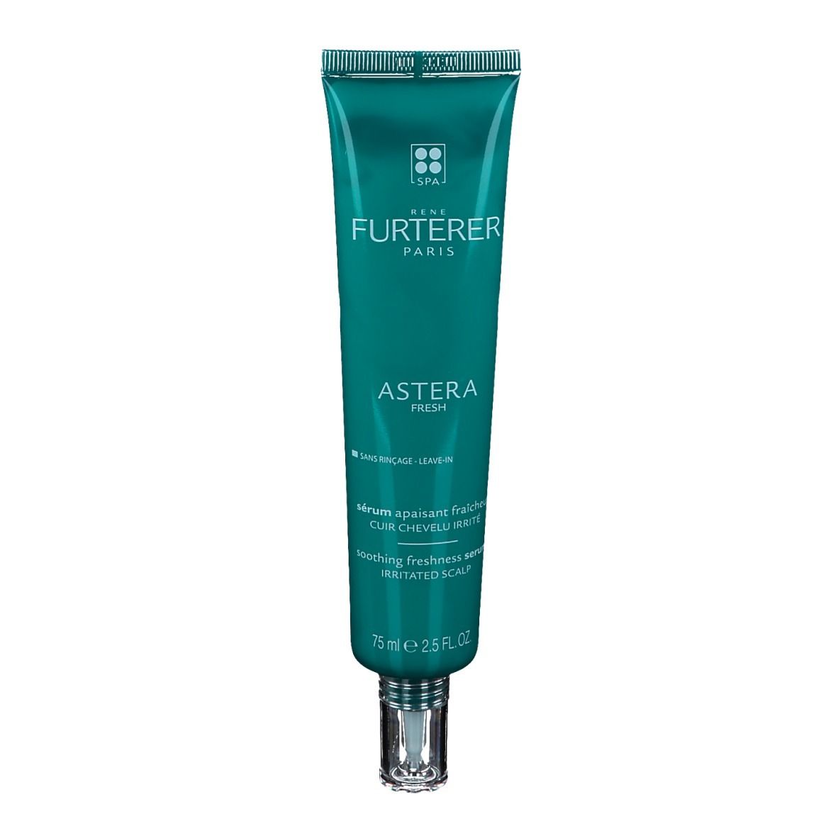 Tubo verde con tappo argentato. Scritta: René Furterer Paris, Astera Fresh, siero lenitivo per cuoio capelluto irritato.