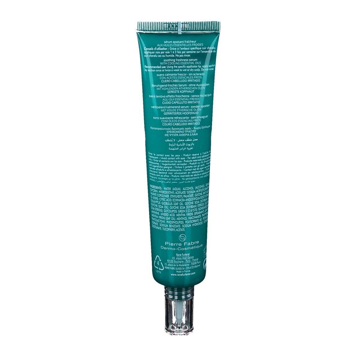Retro del tubo verde. Testo multilingue. Contiene ingredienti e informazioni del produttore.