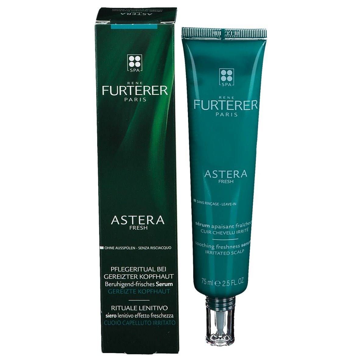 Confezione del prodotto con tubo e scatola. Scritta: René Furterer Paris, Astera Fresh, siero lenitivo per cuoio capelluto irritato.