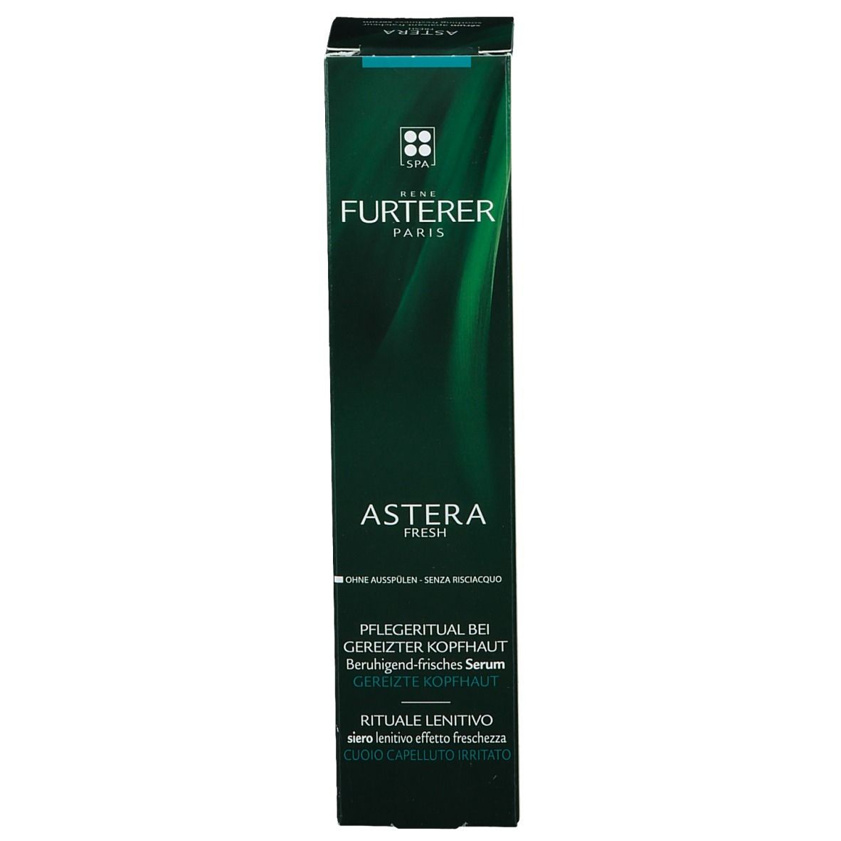 Scatola verde con nome del prodotto e logo. Scritta: René Furterer Paris, Astera Fresh, siero lenitivo per cuoio capelluto irritato.