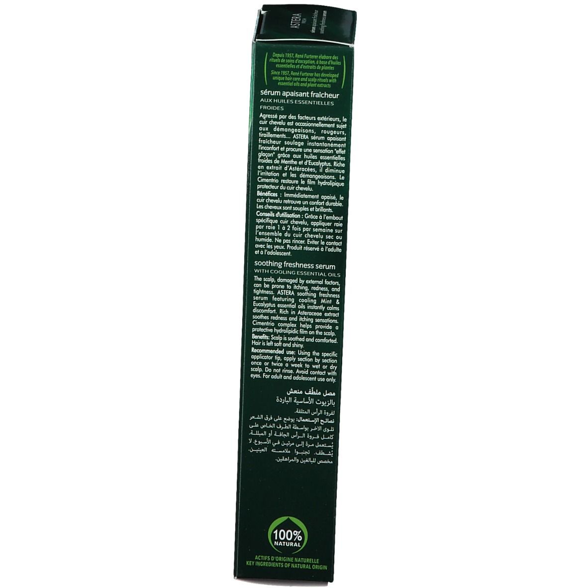 Retro della scatola verde. Testo multilingue. Contiene ingredienti e informazioni del produttore.
