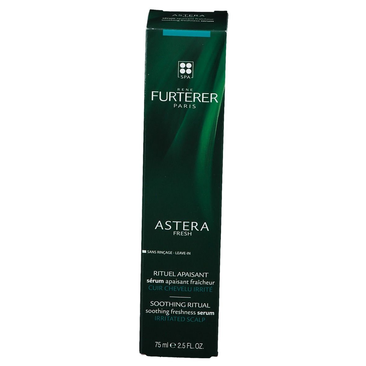 Scatola verde con nome del prodotto e logo. Scritta: René Furterer Paris, Astera Fresh, siero lenitivo per cuoio capelluto irritato.