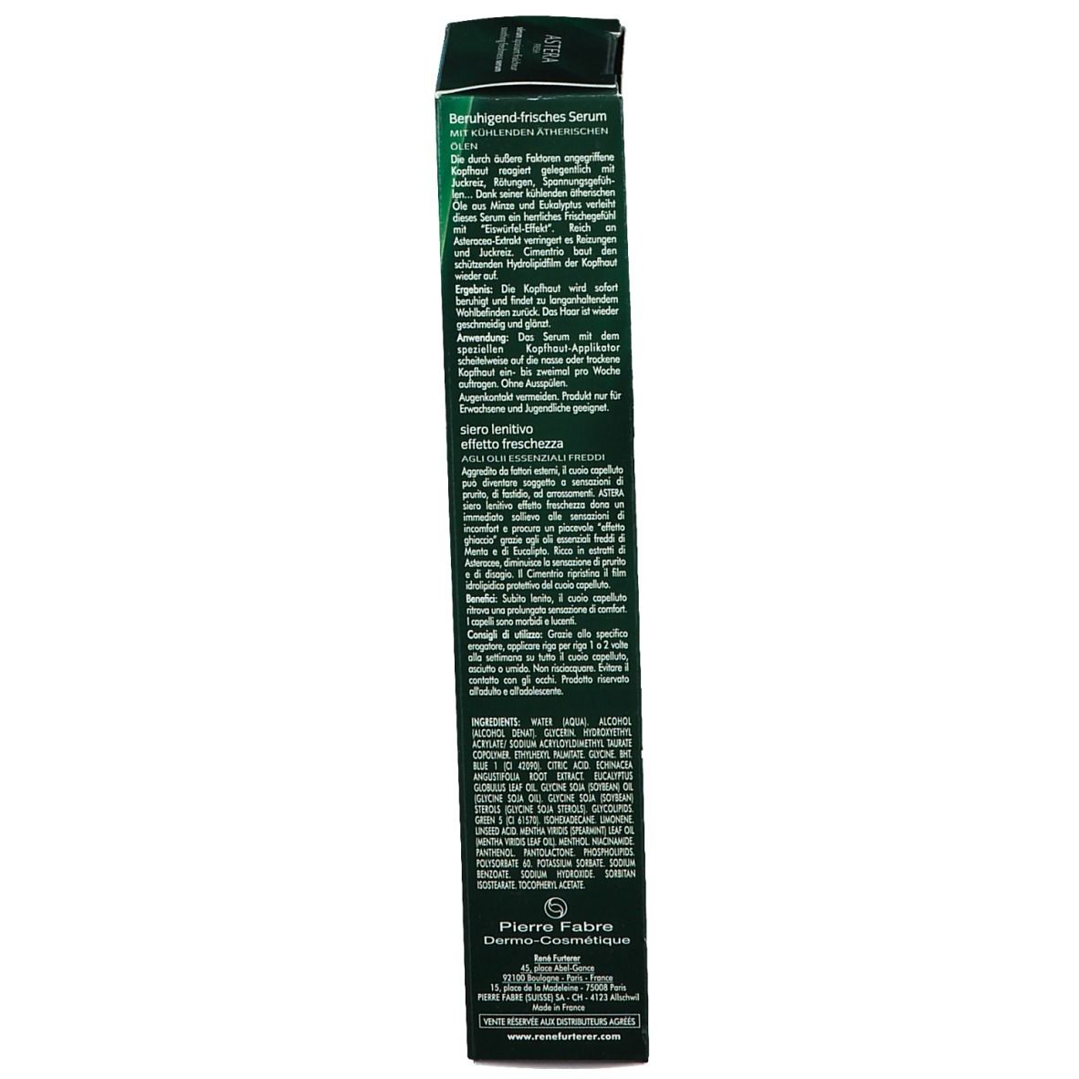 Retro della scatola verde. Testo multilingue. Contiene ingredienti e informazioni del produttore.