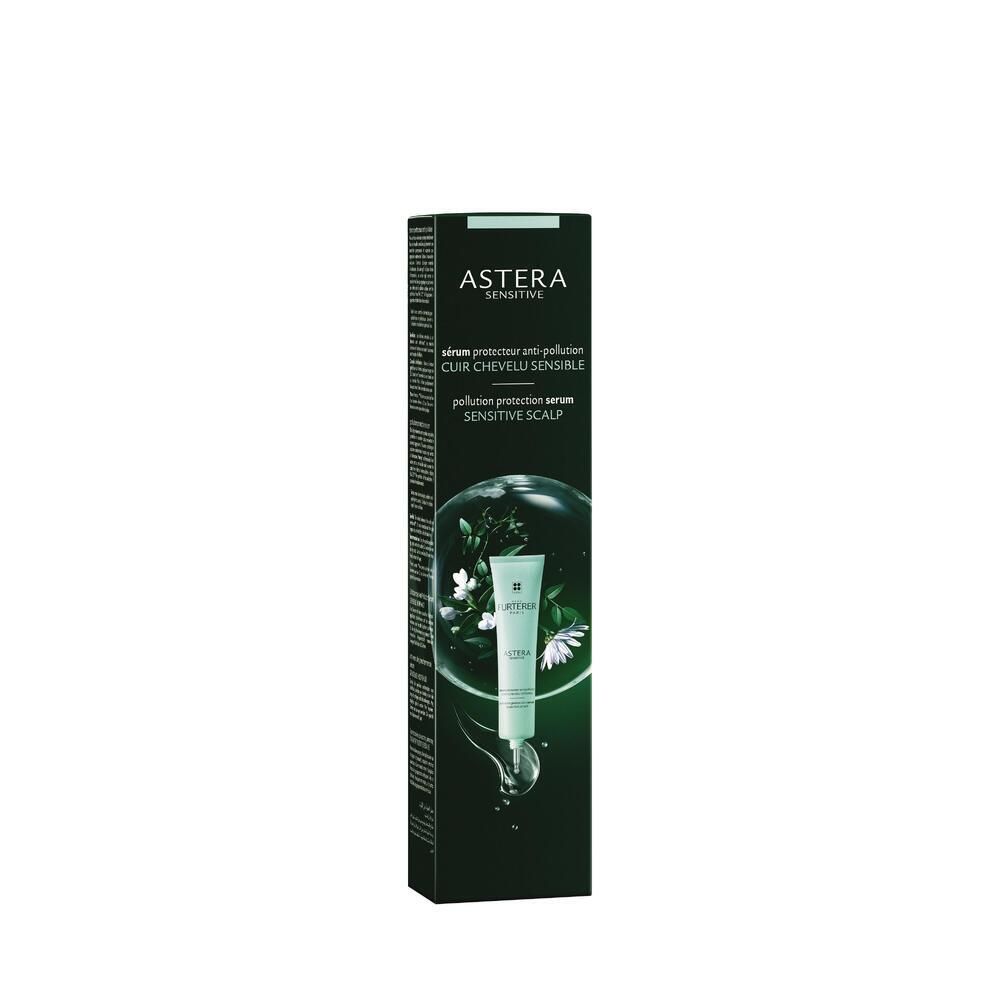 Schachtel mit Serum. Aufschrift: ASTERA, Serum für empfindliche Kopfhaut. Produktabbildung.