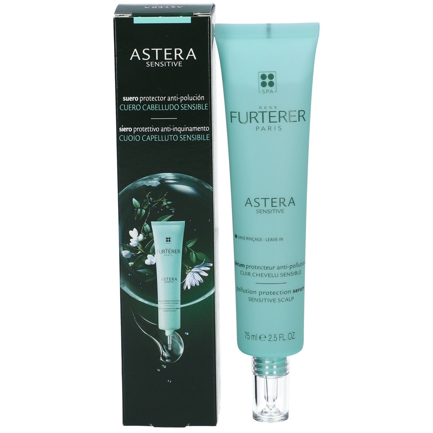 Produktverpackung mit Tube und Schachtel. Aufschrift: ASTERA, Serum für empfindliche Kopfhaut.