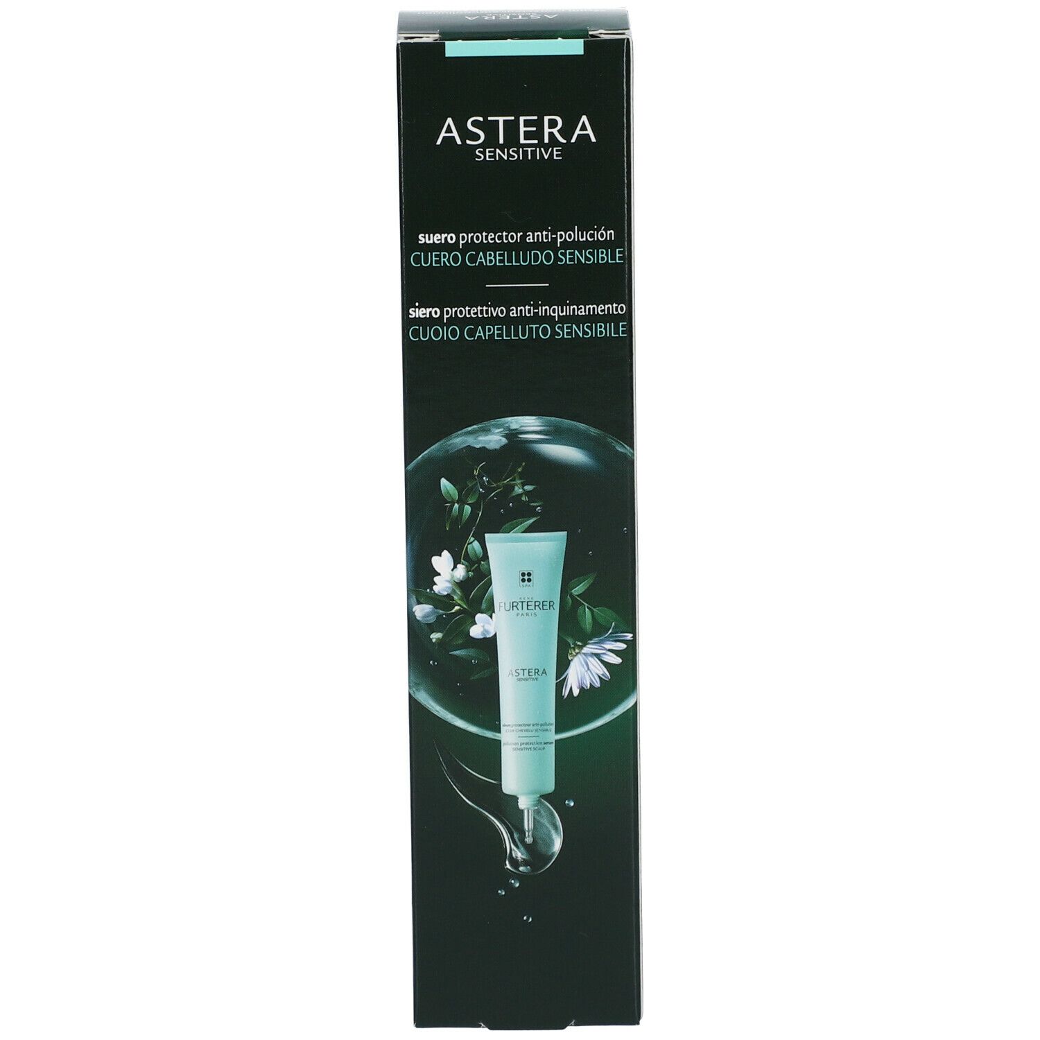 Schachtel mit Serum. Aufschrift: ASTERA, Serum für empfindliche Kopfhaut. Produktabbildung.