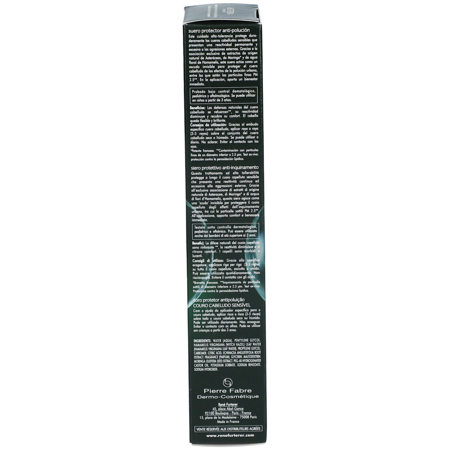 Rückseite der Produktverpackung. Text in mehreren Sprachen. Inhaltsstoffe und Herstellerinformationen.