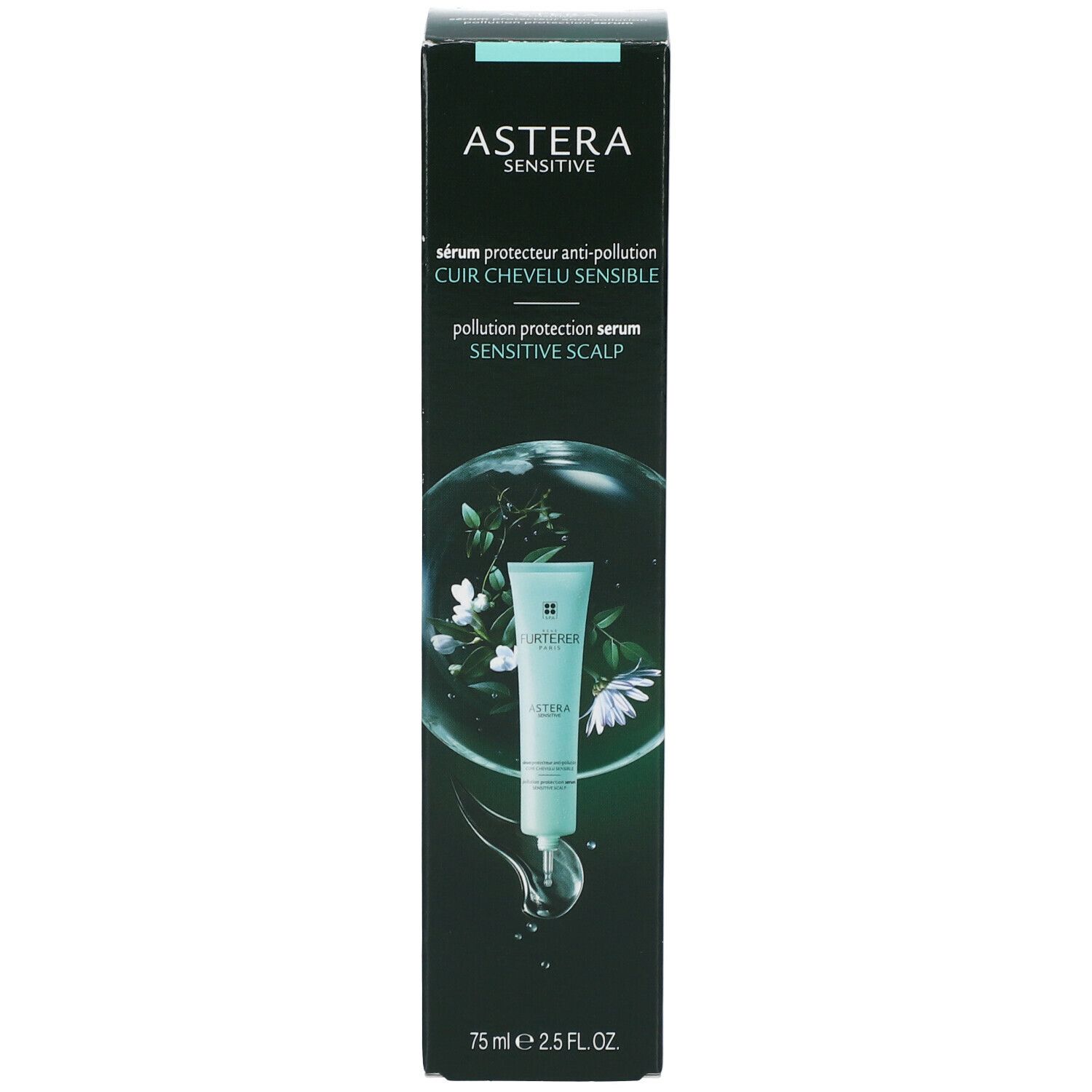 Schachtel mit Serum. Aufschrift: ASTERA, Serum für empfindliche Kopfhaut. Produktabbildung.