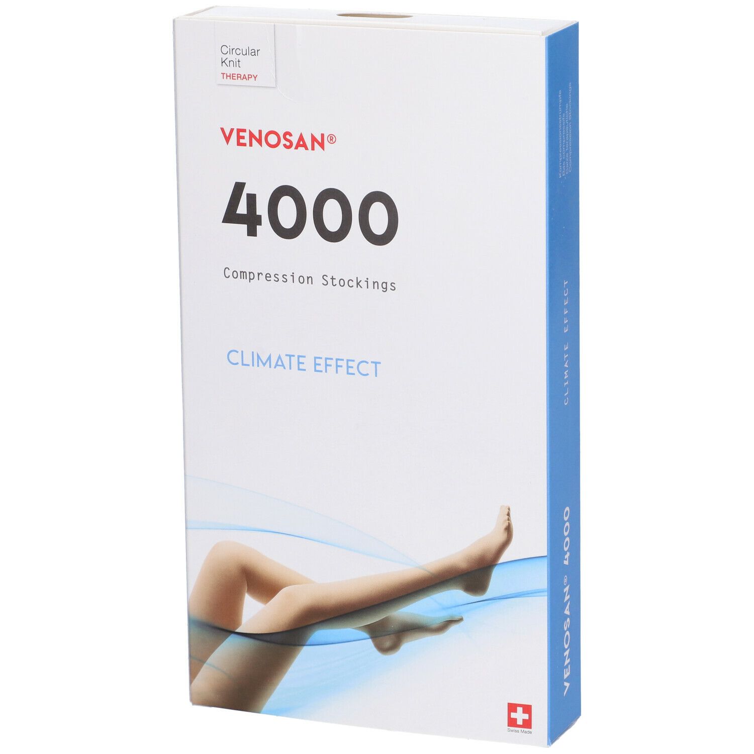 Confezione di calze a compressione Venosan 4000. Scritta: Venosan, 4000, Compression Stockings, Climate Effect. Croce svizzera.