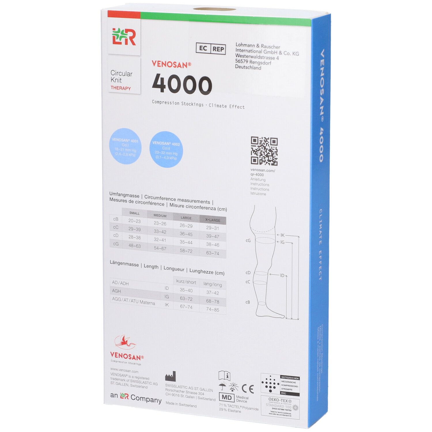 Retro della confezione di calze a compressione Venosan 4000. Informazioni sulle misure della circonferenza, codice QR, indirizzo del produttore, marchio CE.