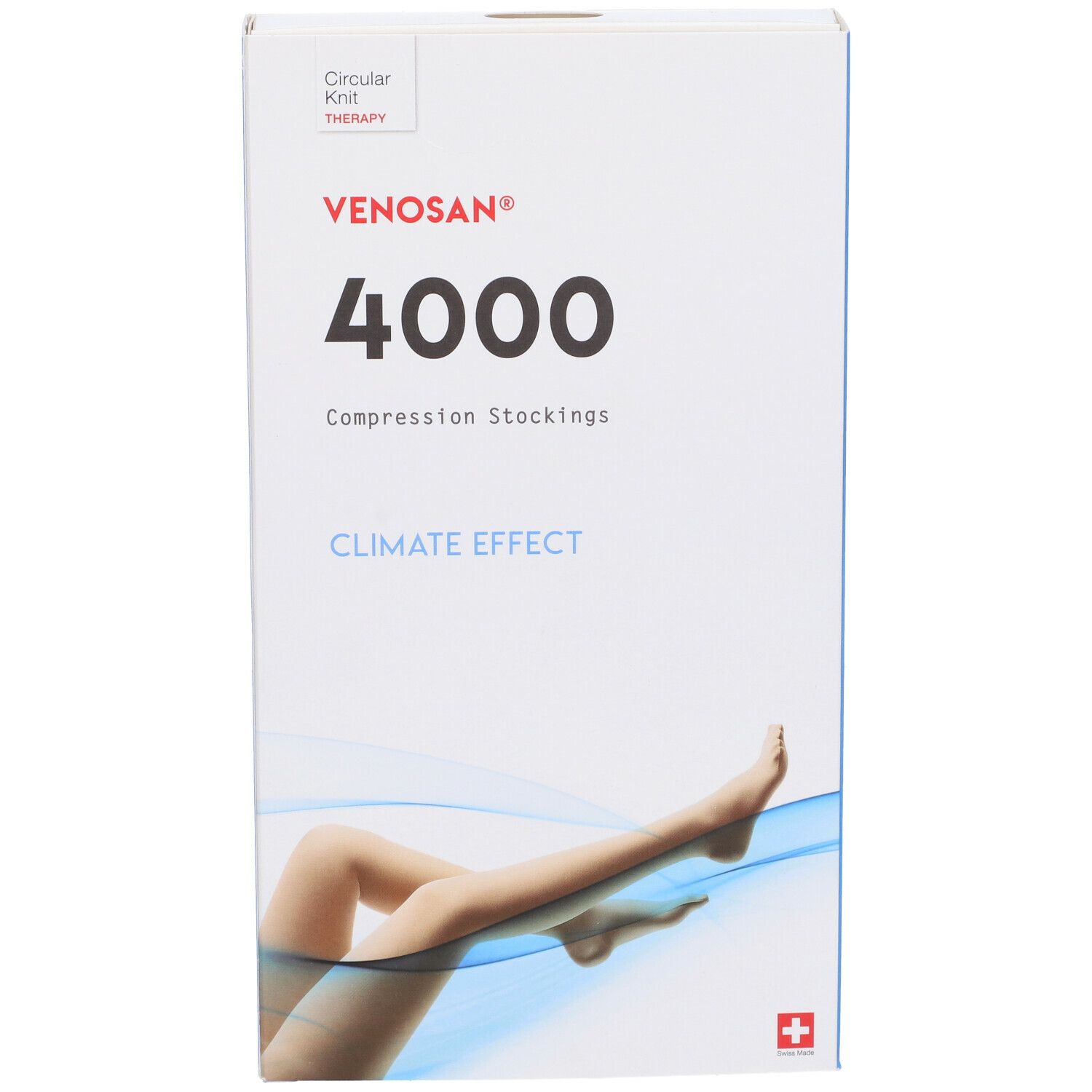 Confezione di calze a compressione Venosan 4000. Scritta: Venosan, 4000, Compression Stockings, Climate Effect. Immagine di una gamba.