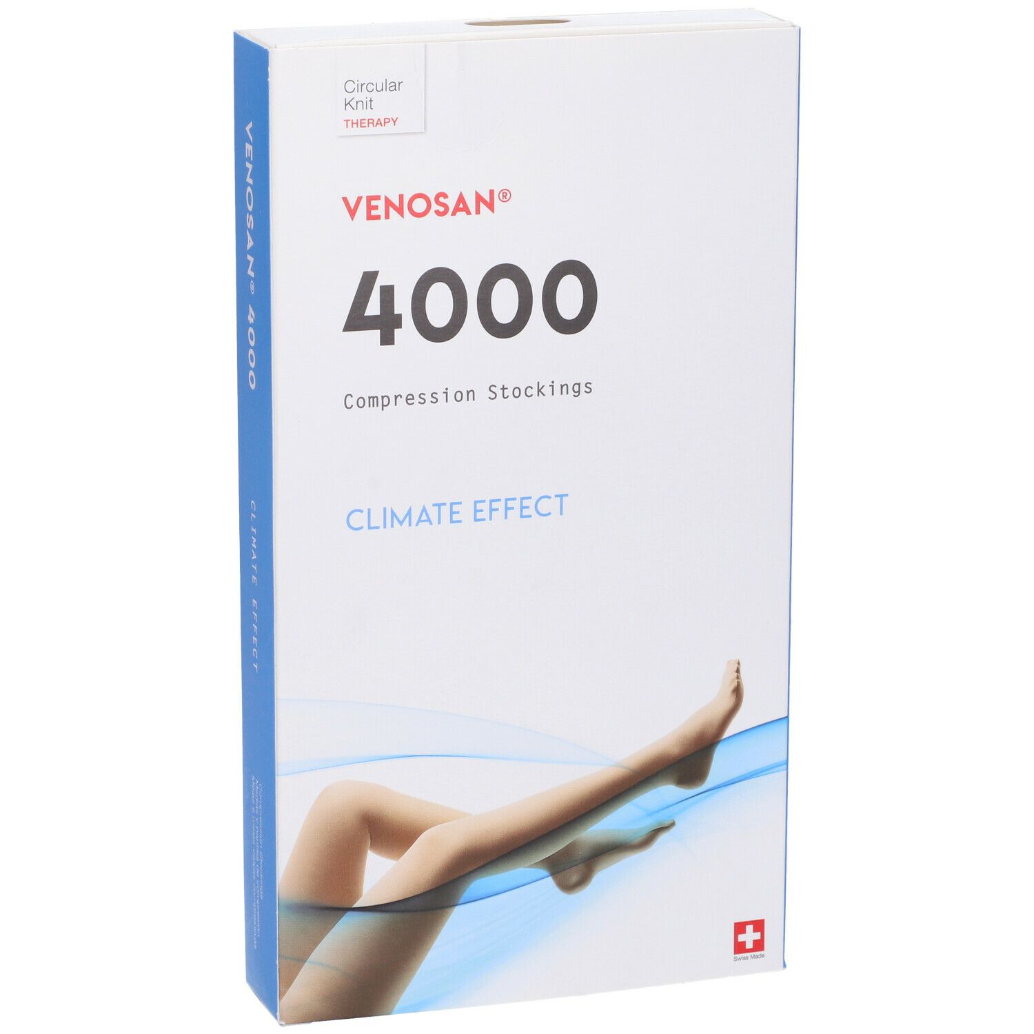 Confezione di calze a compressione Venosan 4000. Scritta: Venosan, 4000, Compression Stockings, Climate Effect. Croce svizzera.