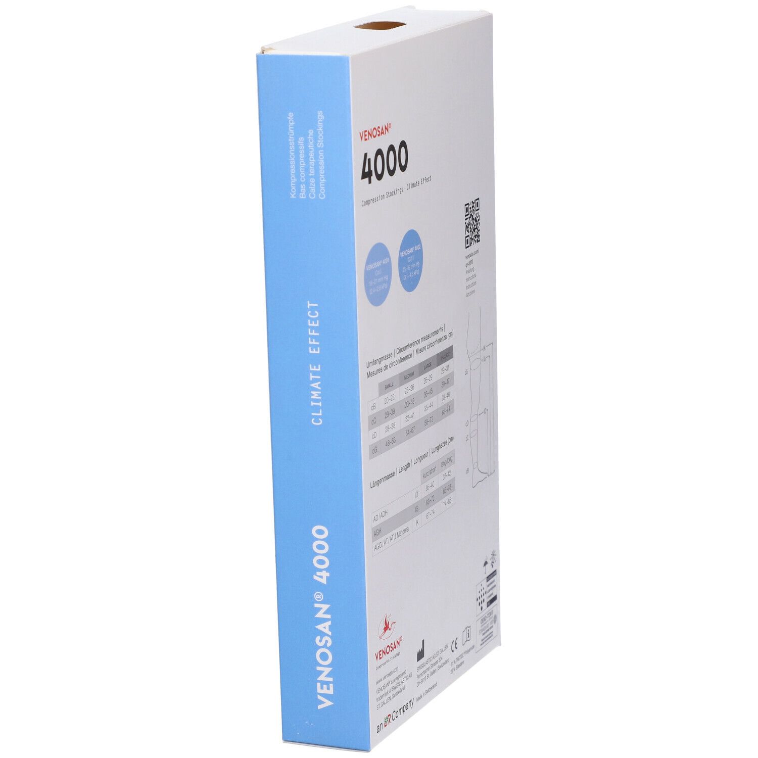 Confezione Venosan 4000. Scritto: Venosan 4000, Climate Effect. Vista laterale con tabella taglie e codice QR.