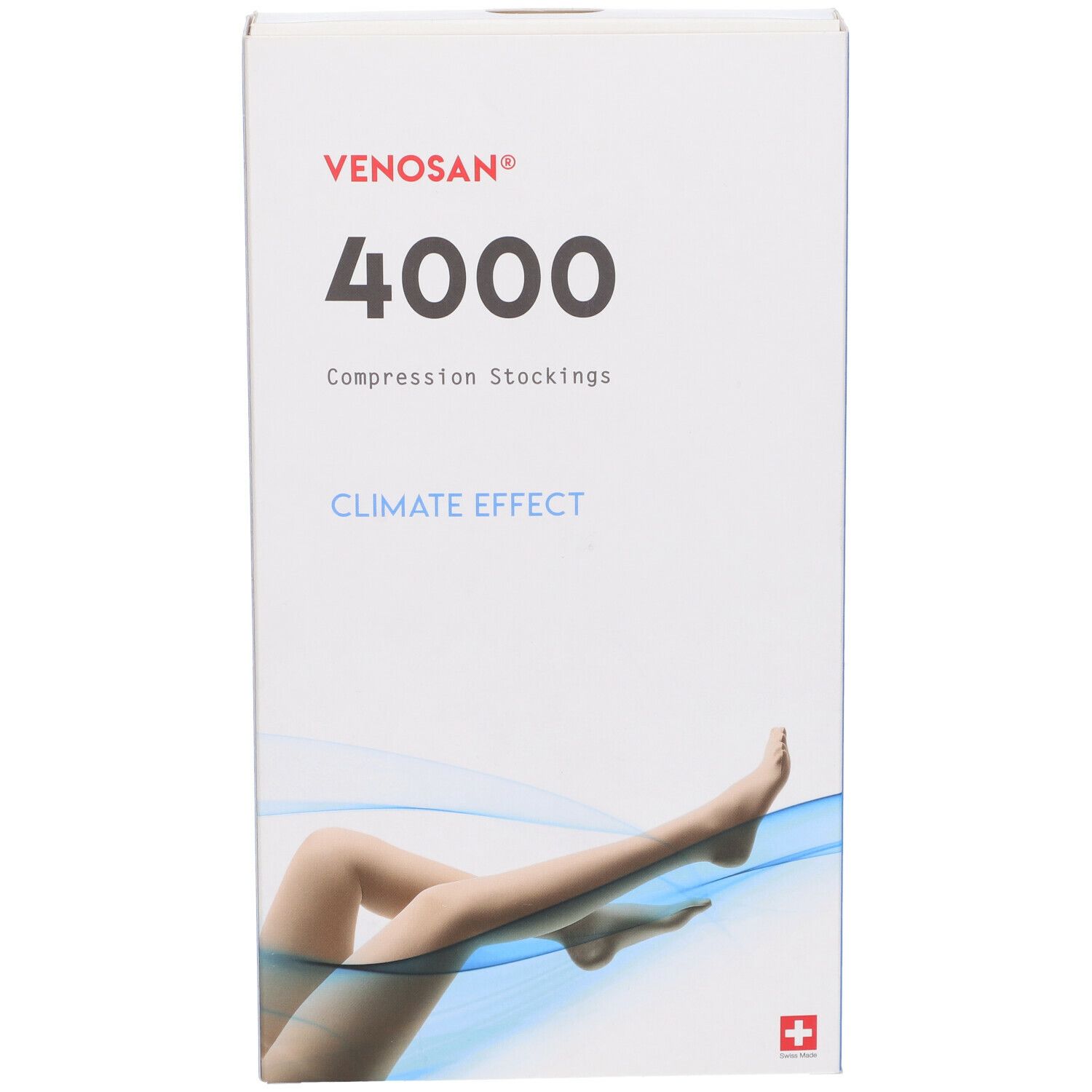Confezione Venosan 4000. Scritto: Venosan 4000, Climate Effect. Croce svizzera. Gambe con calze.