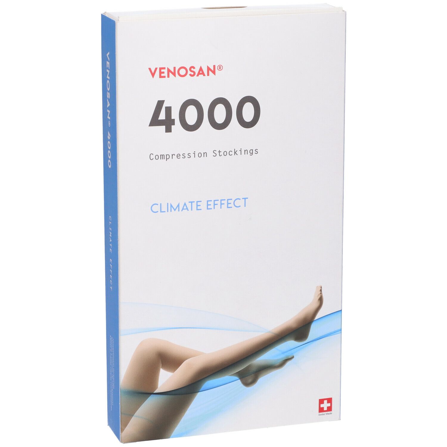 Confezione Venosan 4000. Scritto: Venosan 4000, Climate Effect. Croce svizzera. Gambe con calze.