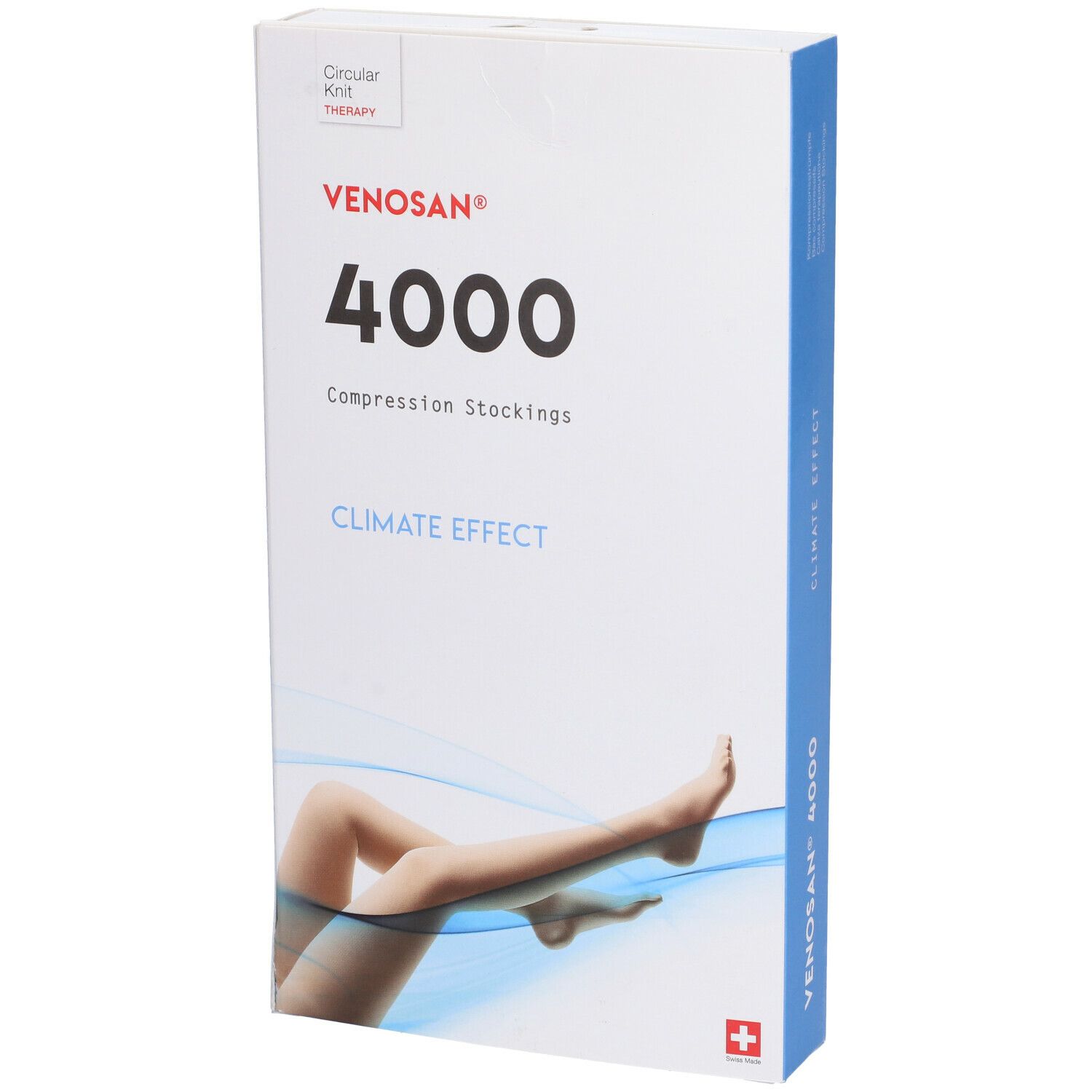 Confezione di calze a compressione Venosan 4000. Scritta: Venosan, 4000, Climate Effect. Immagine: gambe con calze.