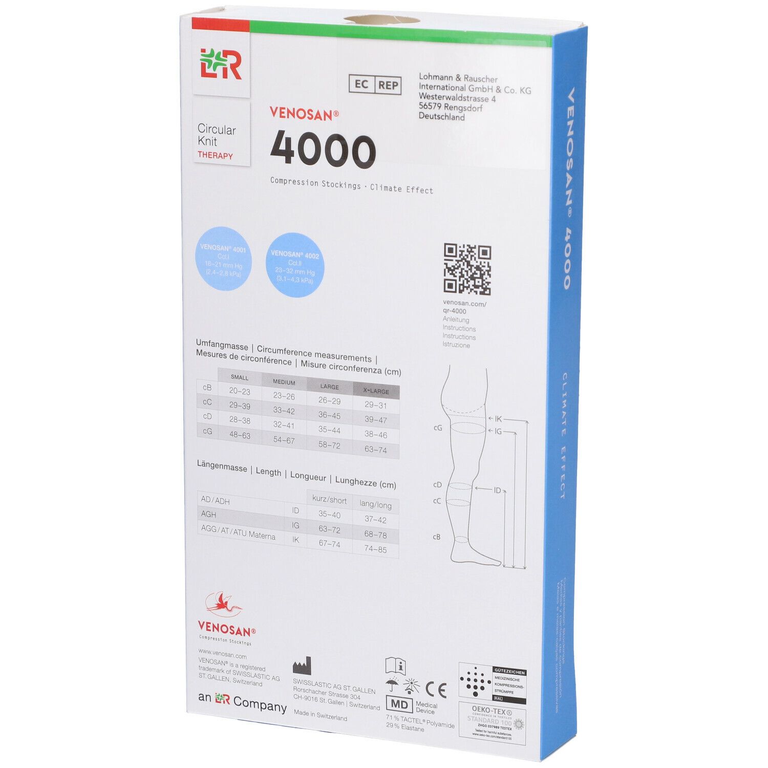 Retro della confezione Venosan 4000. Informazioni su circonferenza, lunghezza e certificazioni. Loghi: an LR Company, MD, OEKO-TEX.