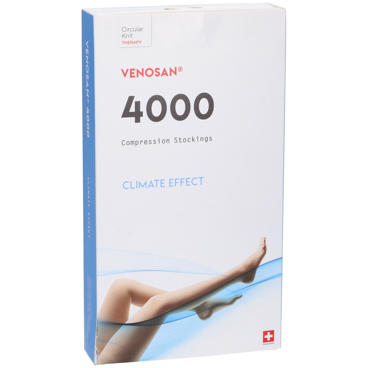 Confezione di calze a compressione Venosan 4000. Scritta: Venosan, 4000, Climate Effect. Immagine: gambe con calze.