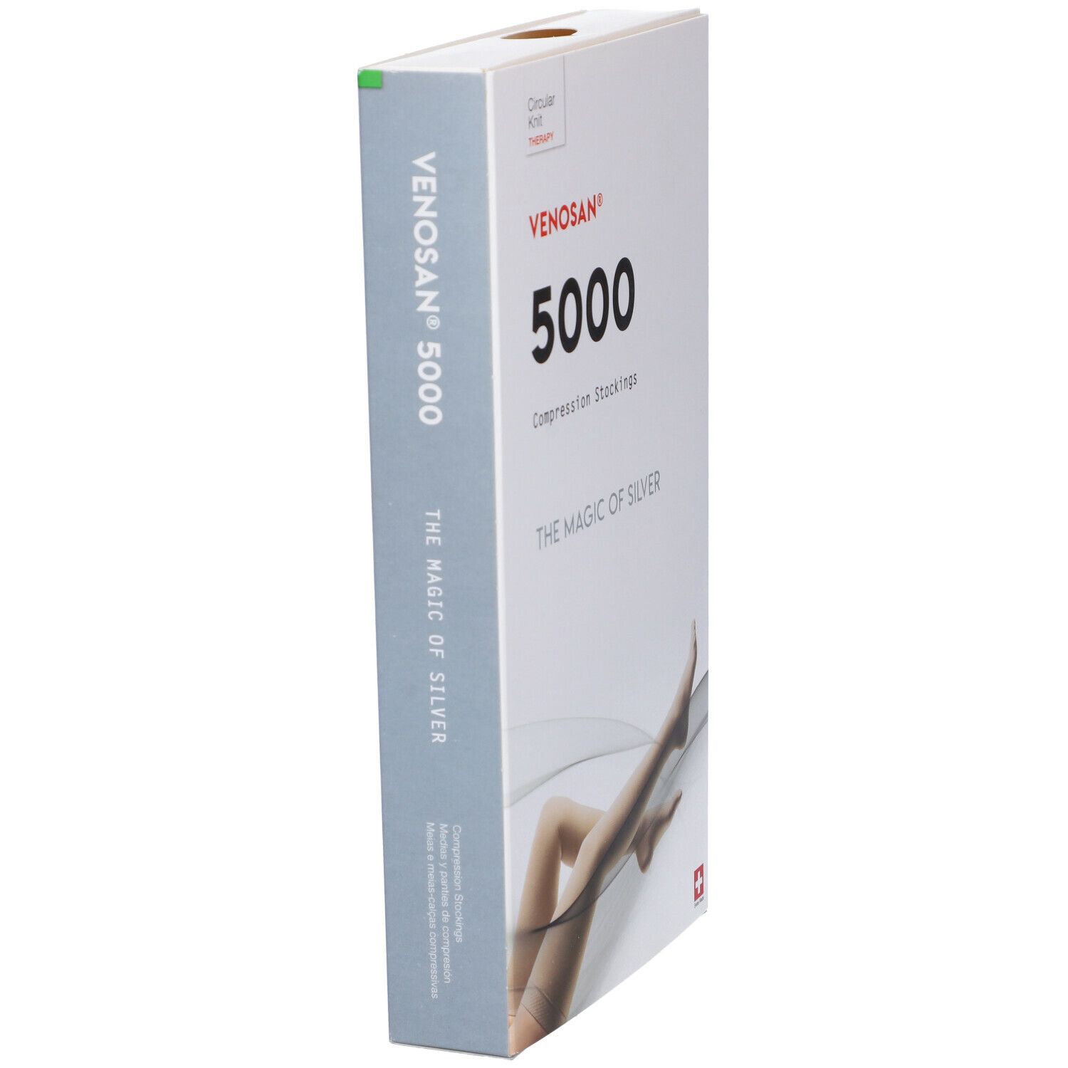 Calze a compressione Venosan 5000. Confezione con immagine del prodotto e testo. Croce svizzera.