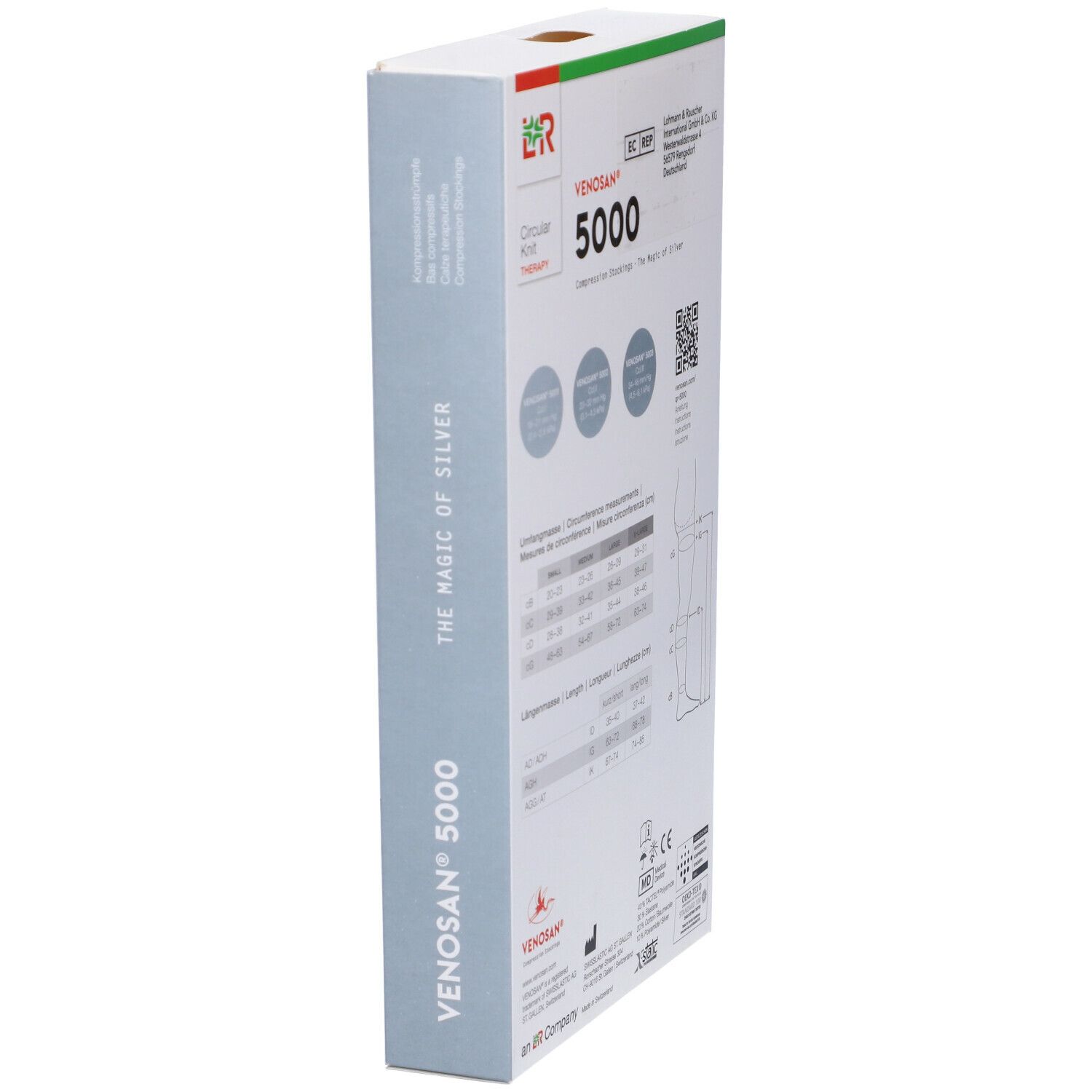 Calze a compressione Venosan 5000. Confezione con immagine del prodotto e testo. Croce svizzera.