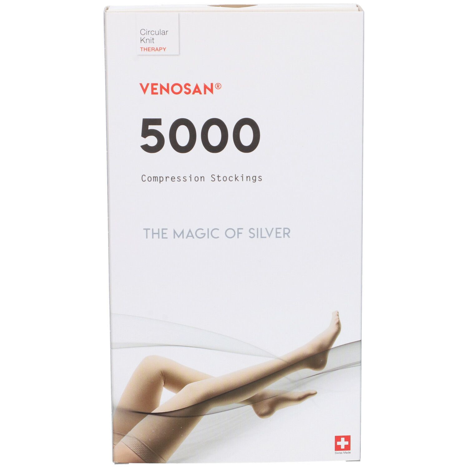 Calze a compressione Venosan 5000. Confezione con immagine del prodotto e testo. Croce svizzera.