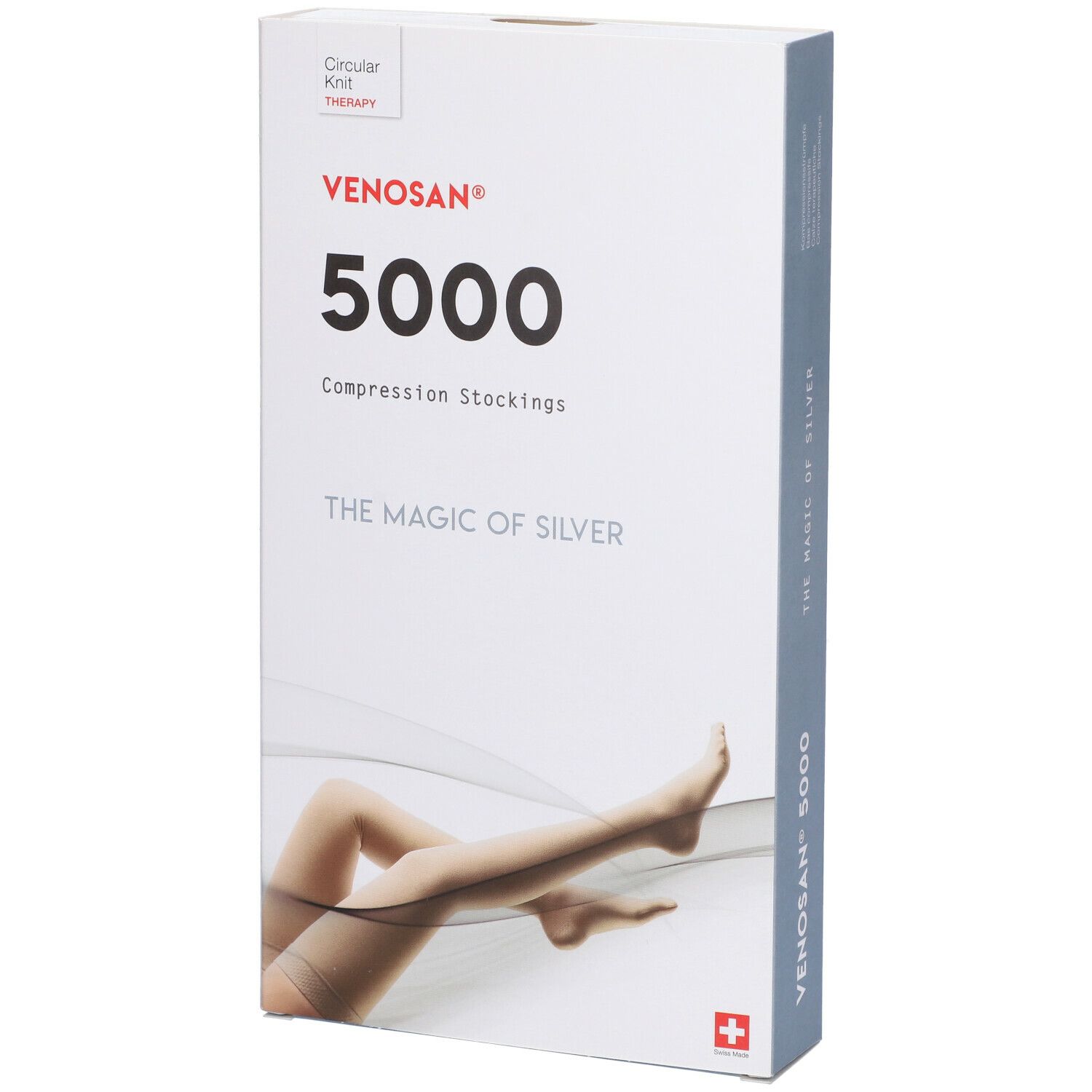 Confezione Venosan 5000. Scatola bianca con nome prodotto e immagine gamba. Croce svizzera.