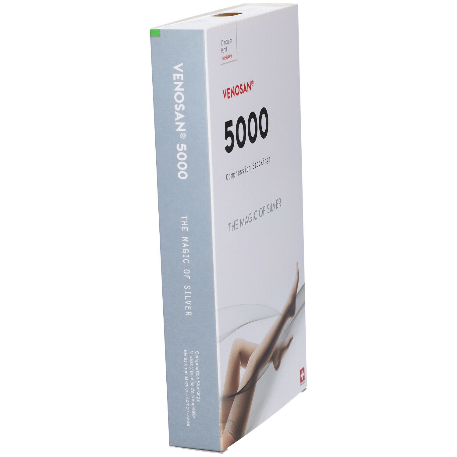 Confezione Venosan 5000. Scatola bianca con nome prodotto e immagine gamba. Croce svizzera.