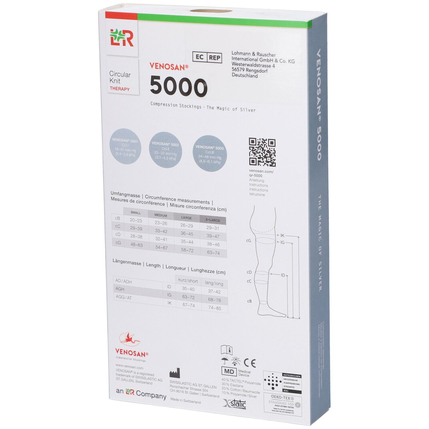 Confezione Venosan 5000. Retro con informazioni prodotto, tabella taglie e codice QR.