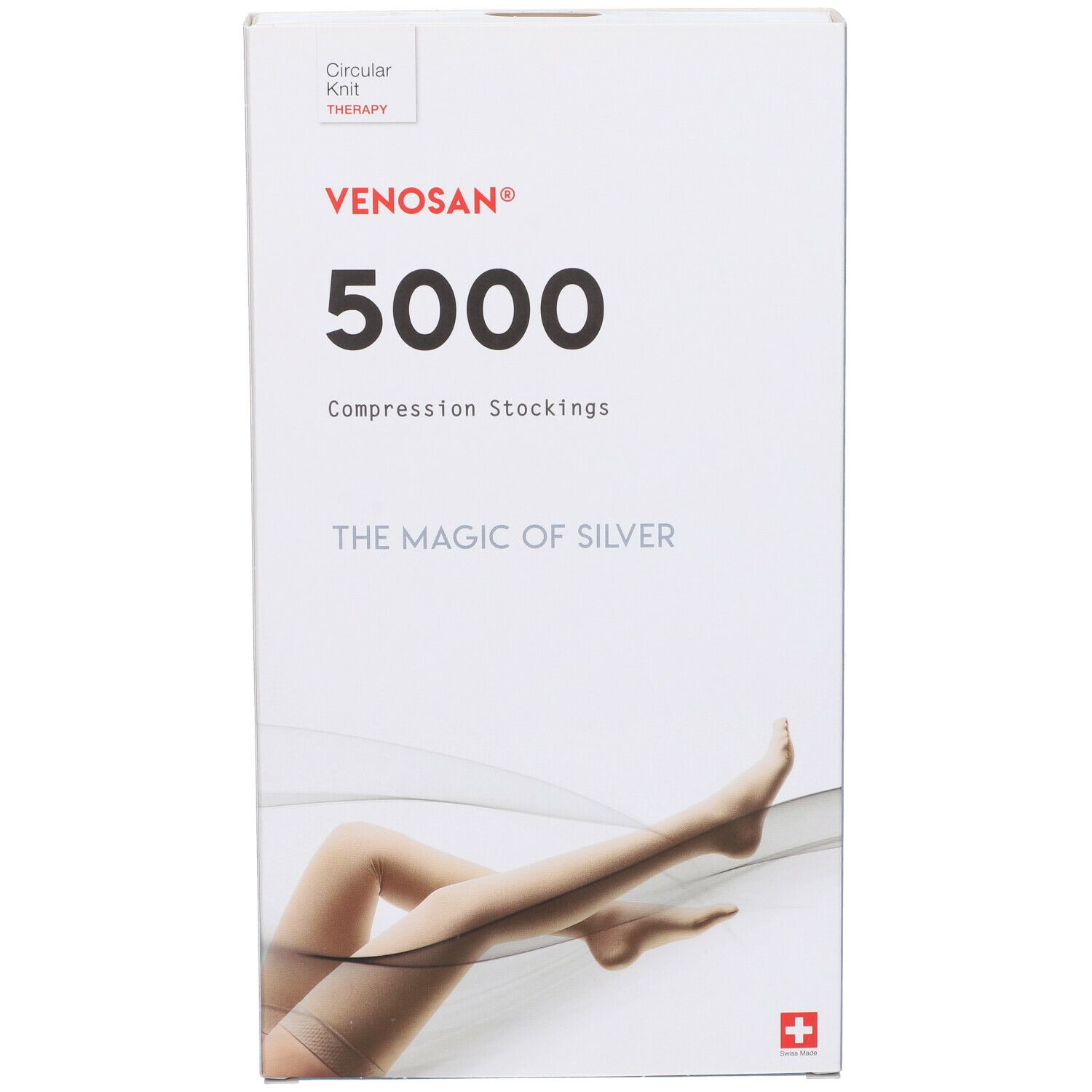 Confezione Venosan 5000. Scatola bianca con nome prodotto e immagine gamba. Croce svizzera.