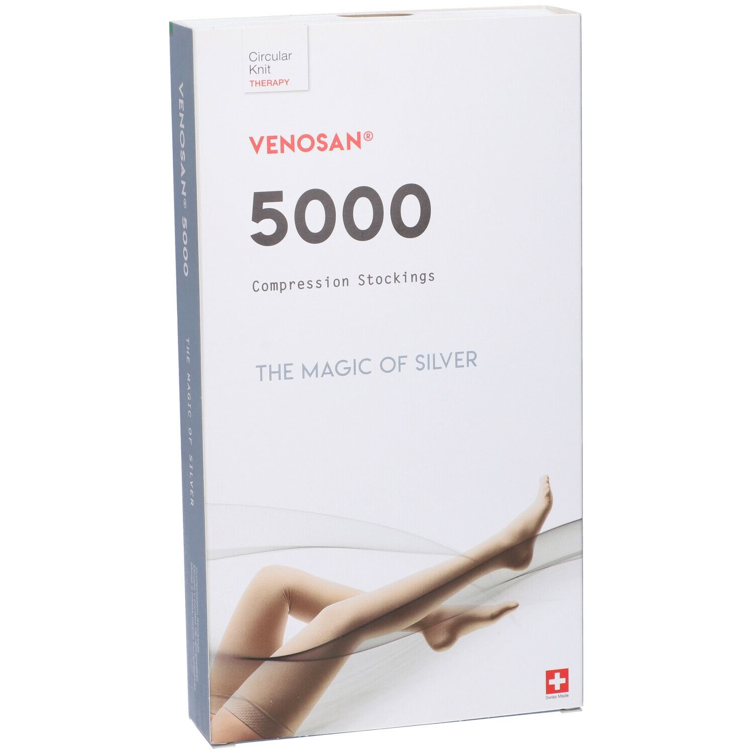 Confezione Venosan 5000. Scatola bianca con nome prodotto e immagine gamba. Croce svizzera.