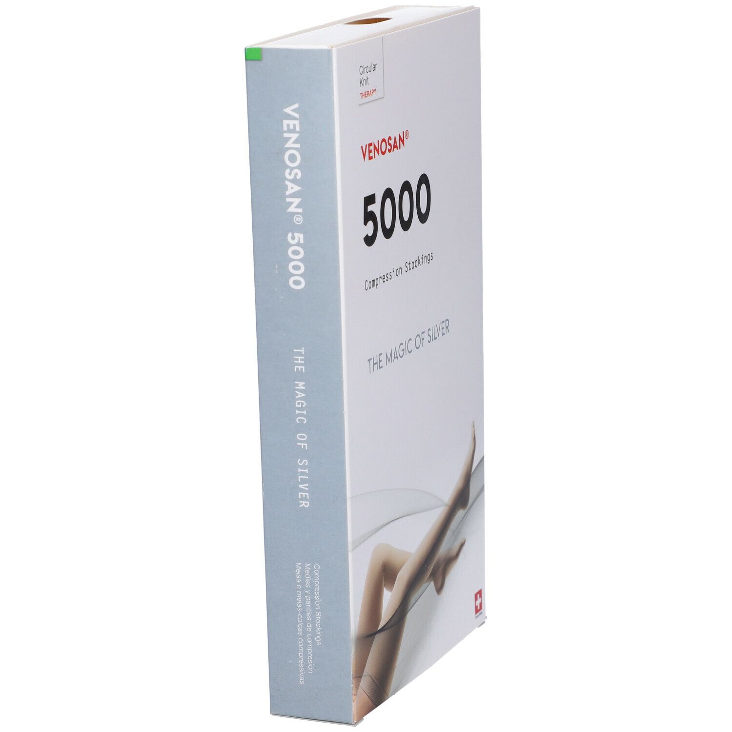 Confezione di calze a compressione Venosan 5000. Scritte: Venosan, 5000, The Magic of Silver. Croce svizzera.