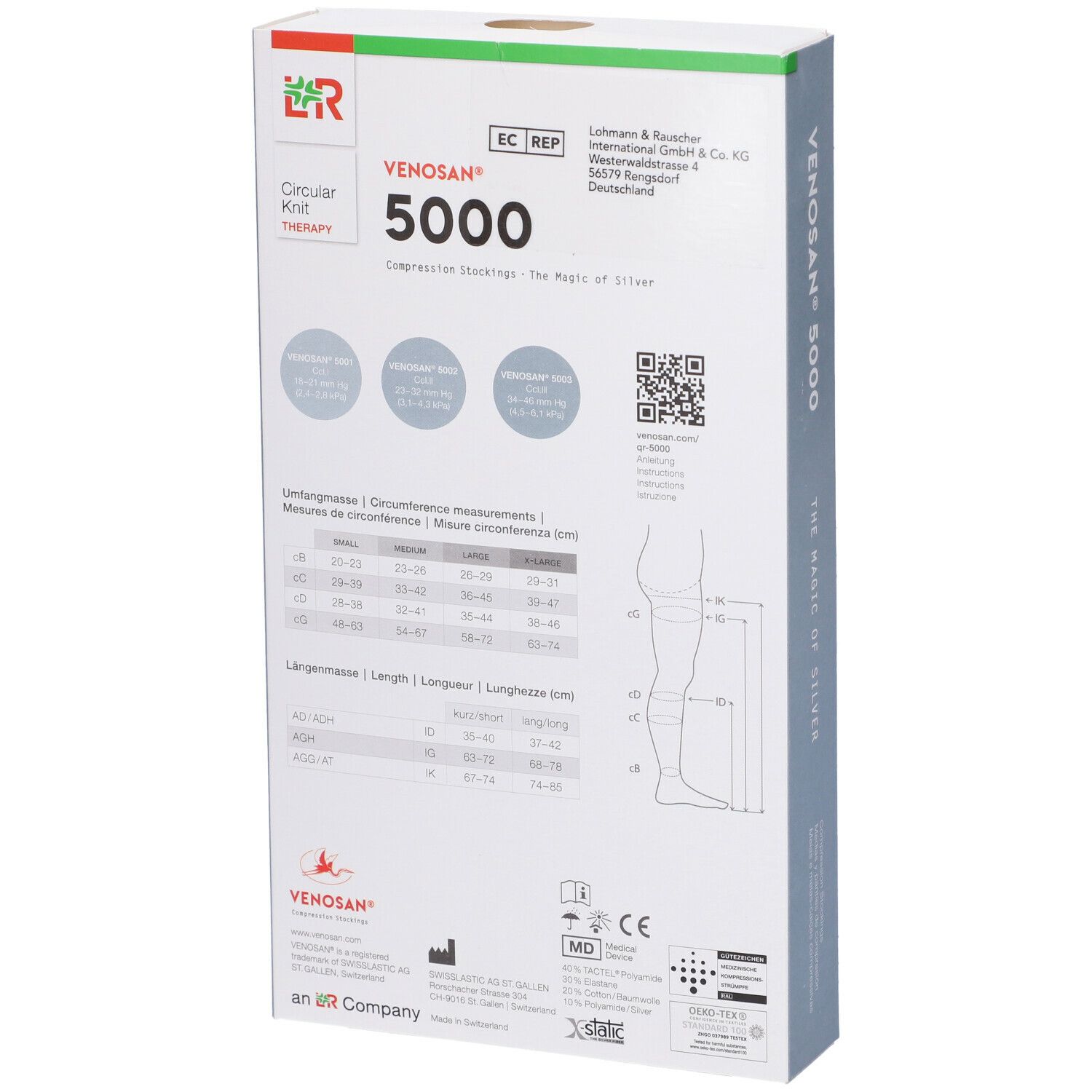 Retro della confezione di calze a compressione Venosan 5000. Tabelle misure e codice QR. Marchio CE.