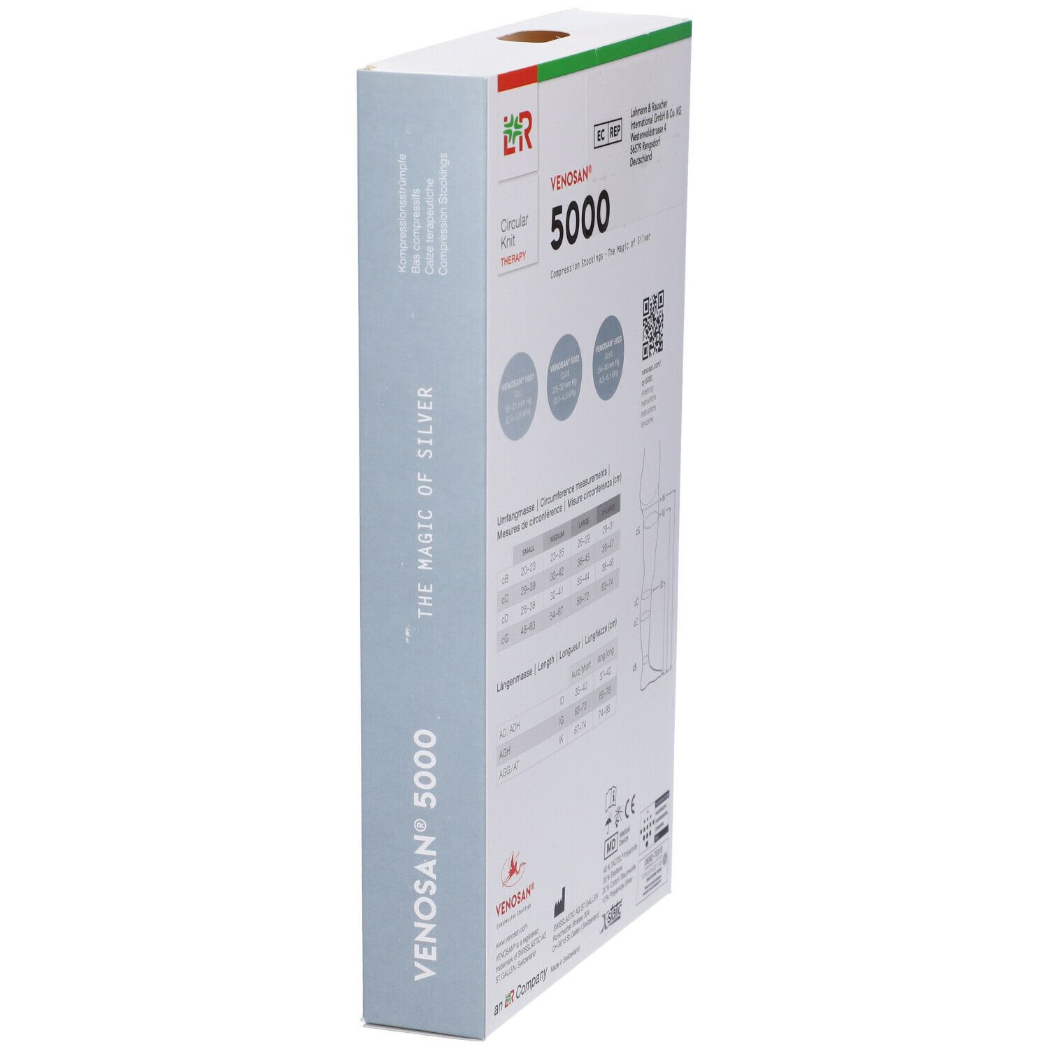 Confezione di calze a compressione Venosan 5000. Scritte: Venosan, 5000, The Magic of Silver. Croce svizzera. Marchio CE.