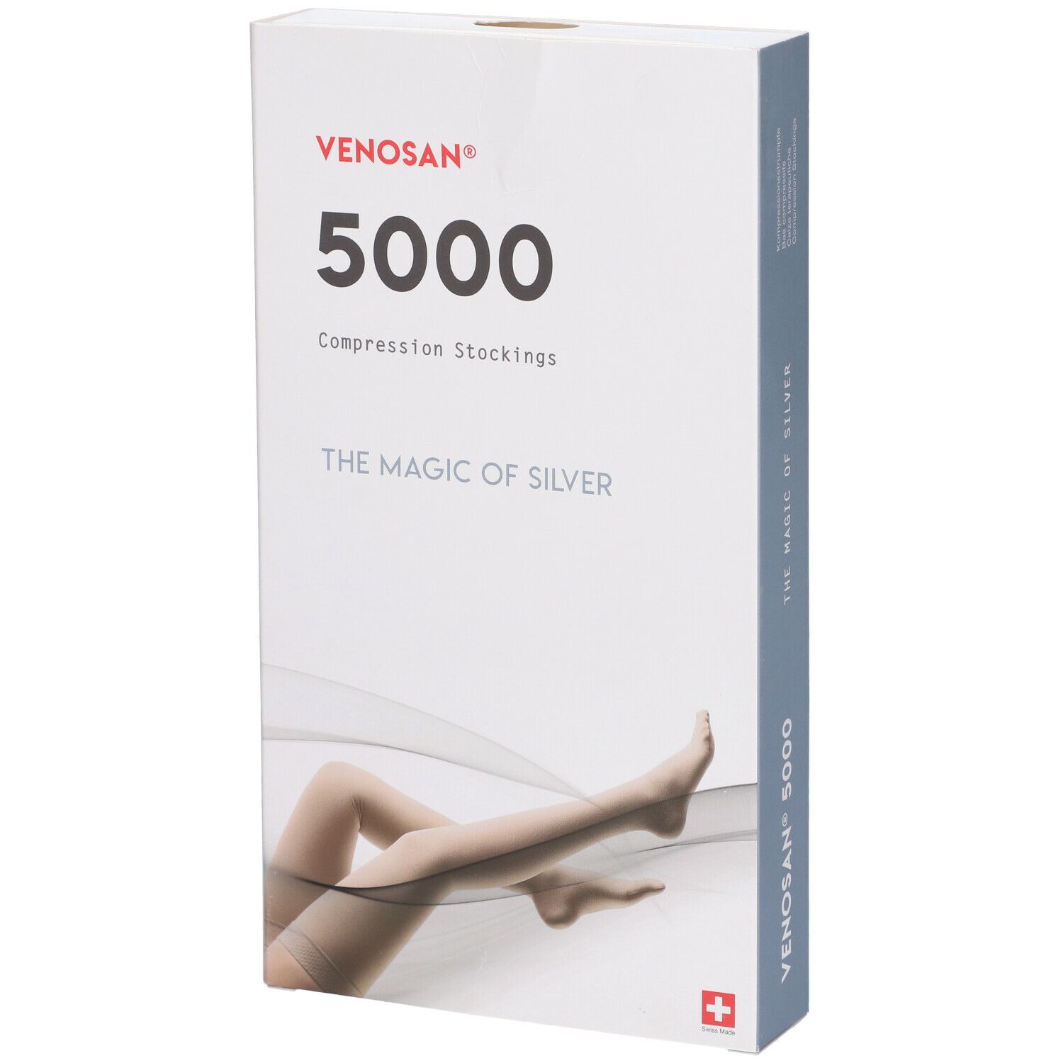 Venosan 5000 calze a compressione. Confezione con immagine del prodotto. Testo: The Magic of Silver. Croce svizzera.