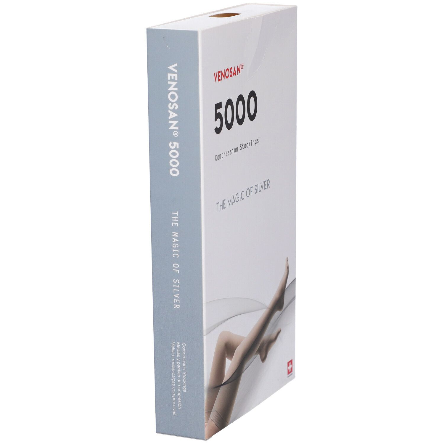 Venosan 5000 calze a compressione. Confezione. Testo: The Magic of Silver. Croce svizzera. Vista laterale.
