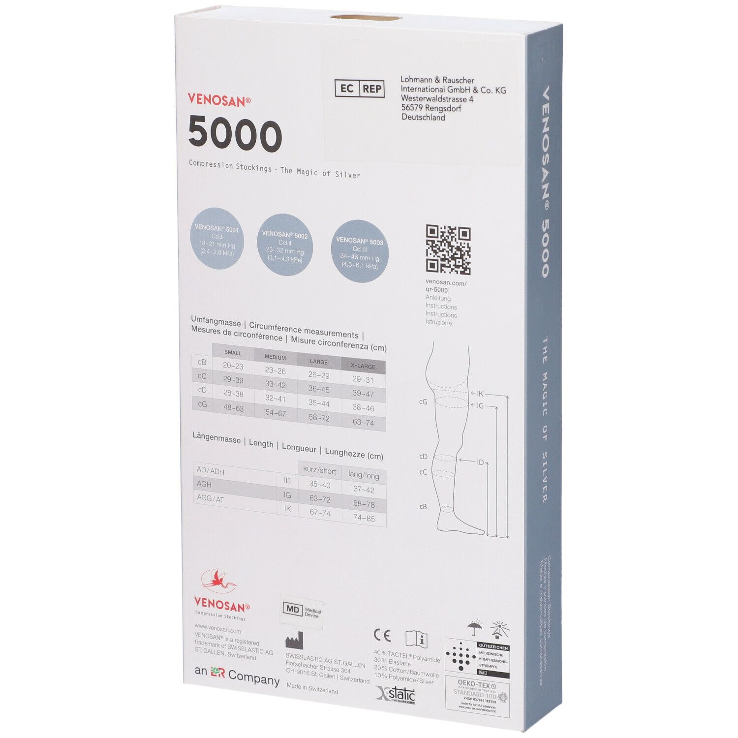 Venosan 5000 calze a compressione. Confezione. Retro con info prodotto. Croce svizzera. Logo EC REP.