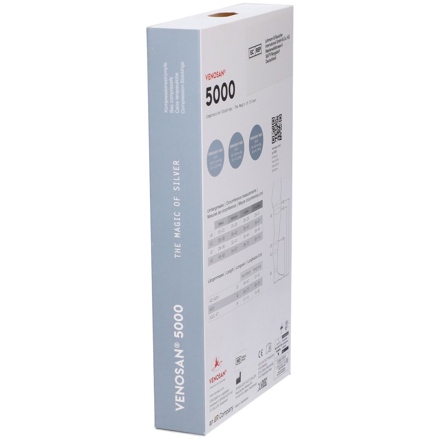 Venosan 5000 calze a compressione. Confezione. Retro con info prodotto. Croce svizzera. Logo EC REP.
