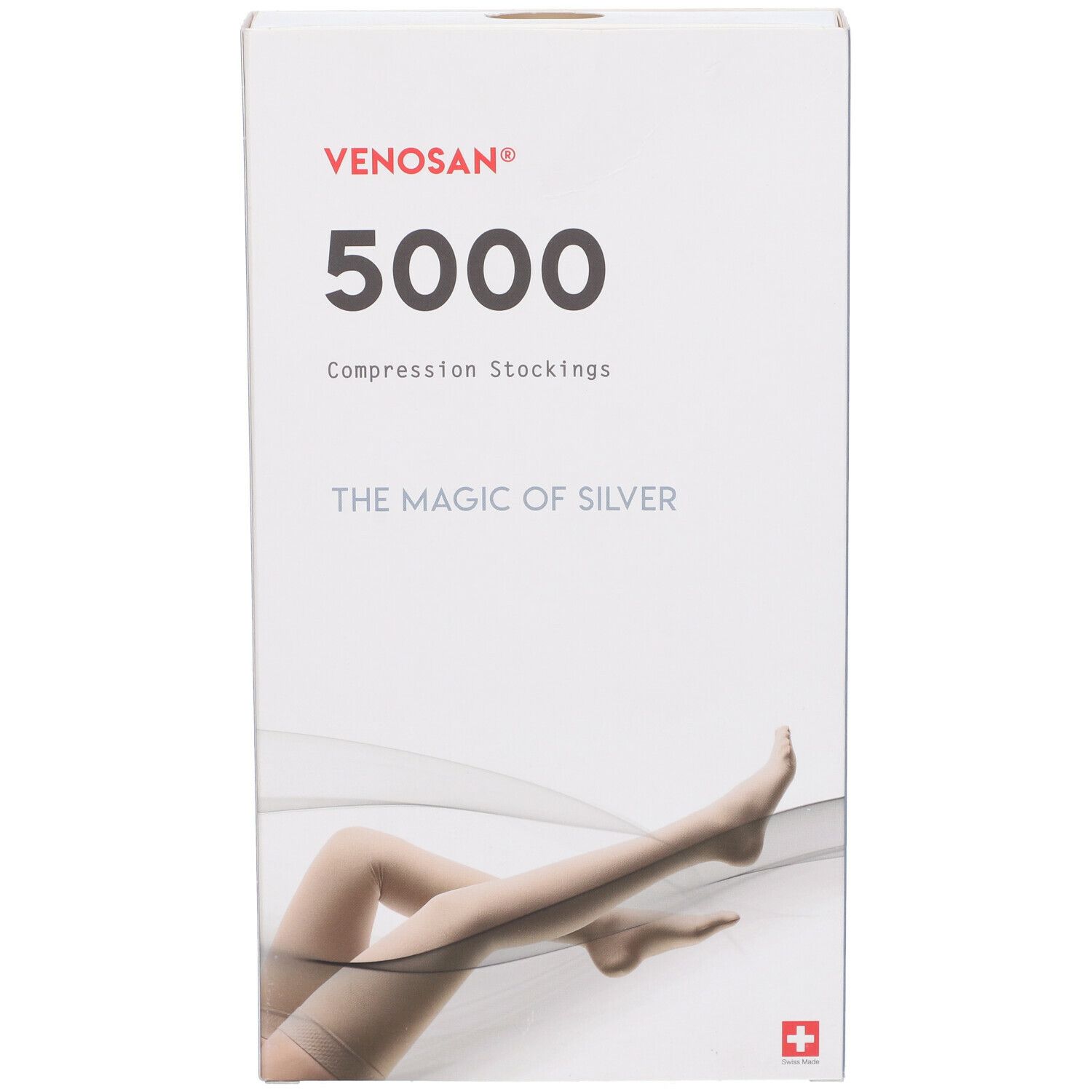 Venosan 5000 calze a compressione. Confezione con immagine del prodotto. Testo: The Magic of Silver. Croce svizzera.