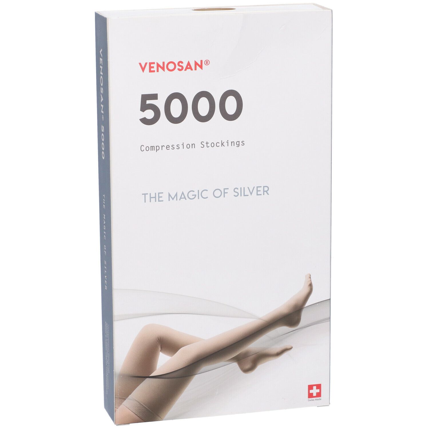 Venosan 5000 calze a compressione. Confezione con immagine del prodotto. Testo: The Magic of Silver. Croce svizzera.