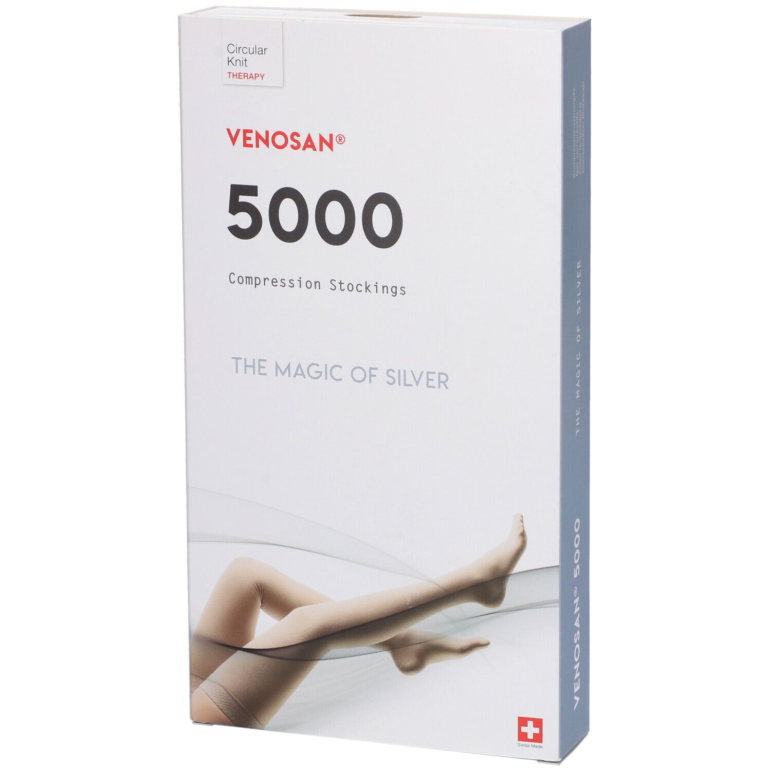 Confezione di calze a compressione Venosan 5000. Scritta: Venosan 5000, The Magic of Silver. Croce svizzera. Vista laterale.