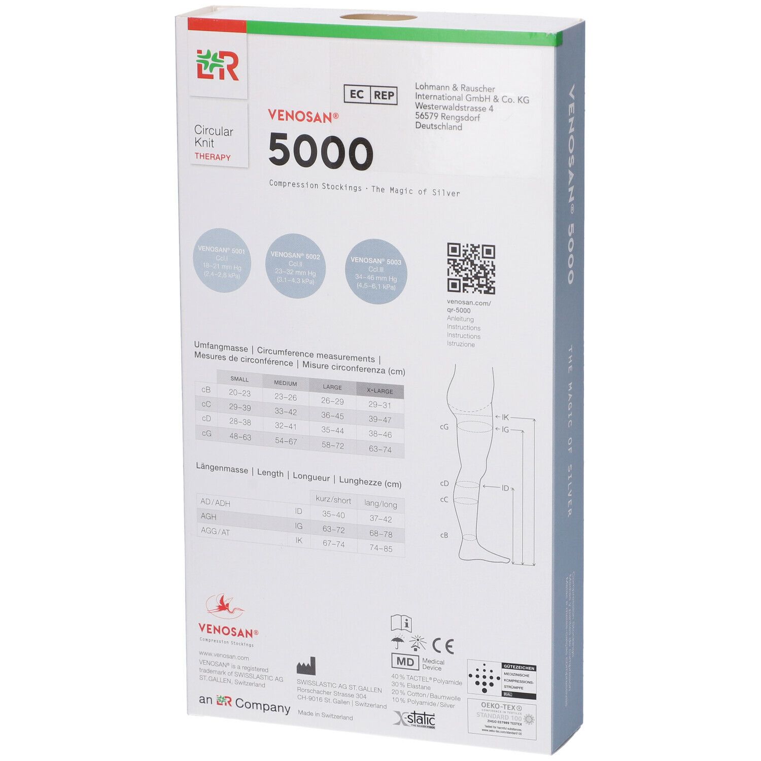 Confezione di calze a compressione Venosan 5000. Scritta: Venosan 5000, The Magic of Silver. Retro con tabella taglie e codice QR.