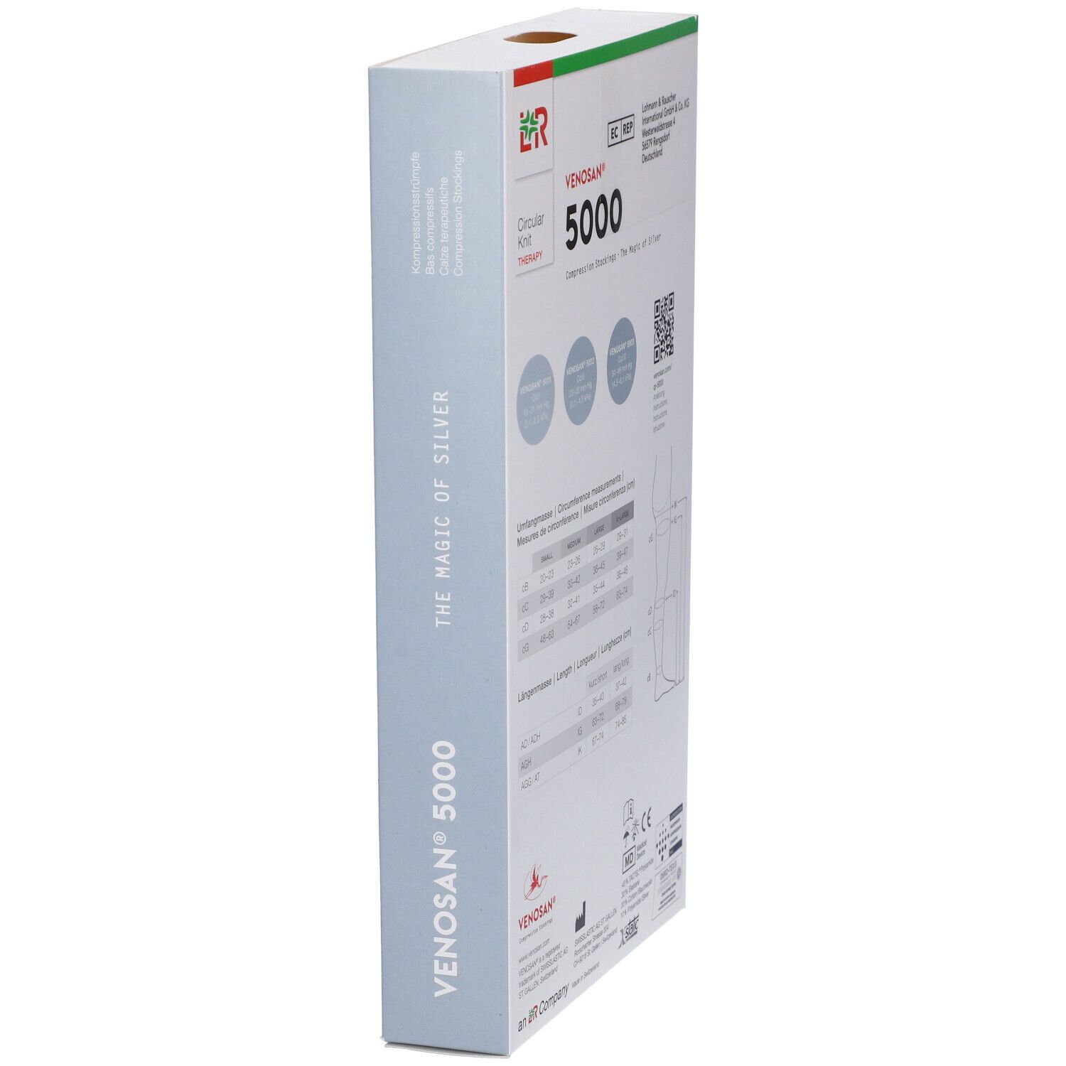 Confezione di calze a compressione Venosan 5000. Scritta: Venosan 5000, The Magic of Silver. Vista laterale.