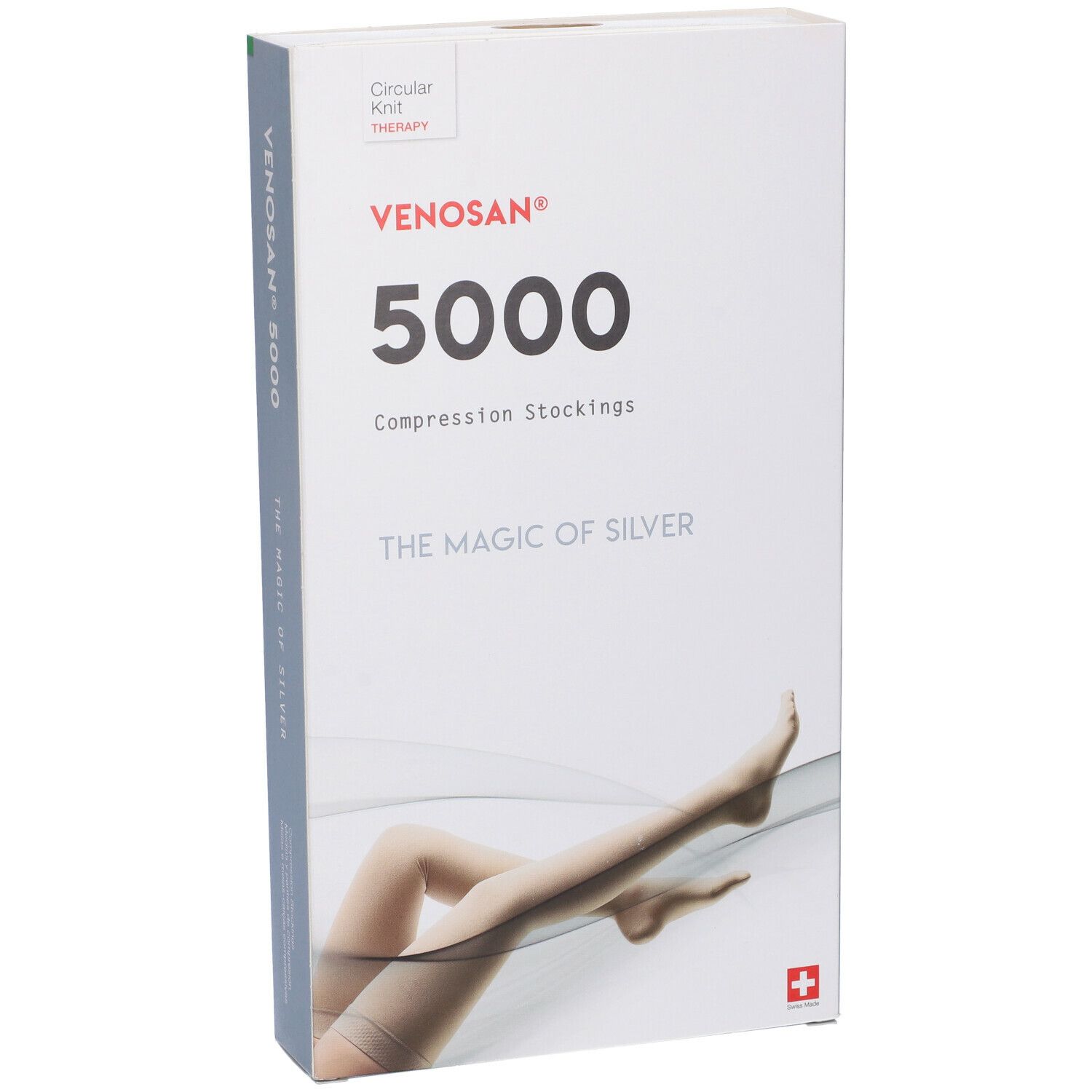 Confezione di calze a compressione Venosan 5000. Scritta: Venosan 5000, The Magic of Silver. Croce svizzera. Vista frontale.