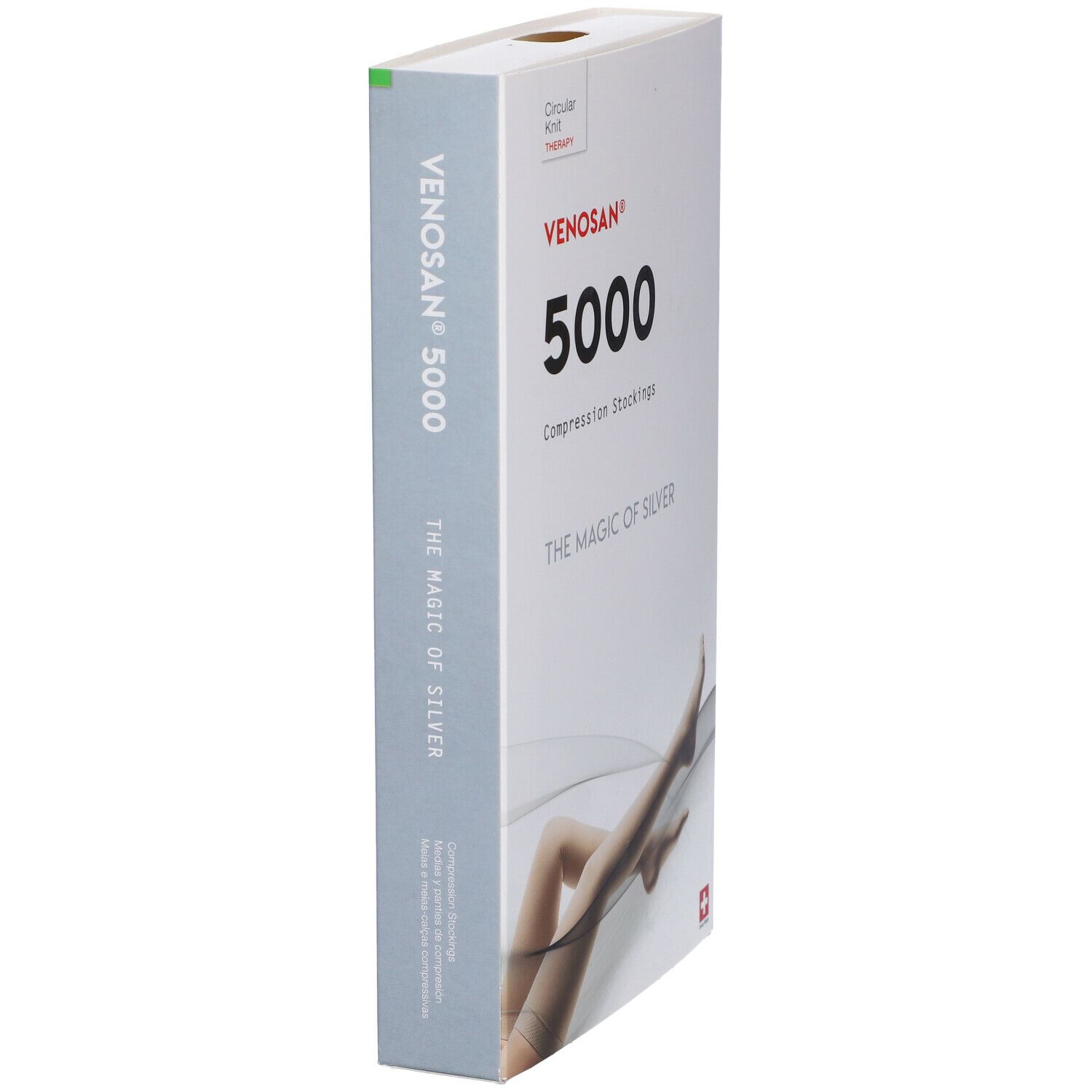 Confezione Venosan 5000 in diagonale. Scritte: Venosan, 5000, calze a compressione, The Magic of Silver. Illustrazione gamba. Segno verde.