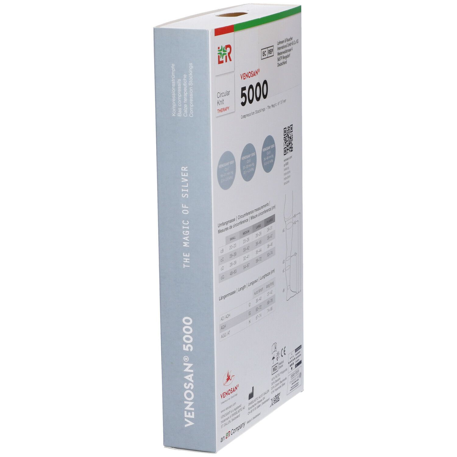 Confezione Venosan 5000 in diagonale. Scritte: Venosan, 5000, calze a compressione. Tabella taglie, codice QR, marchio CE. Illustrazione gamba.