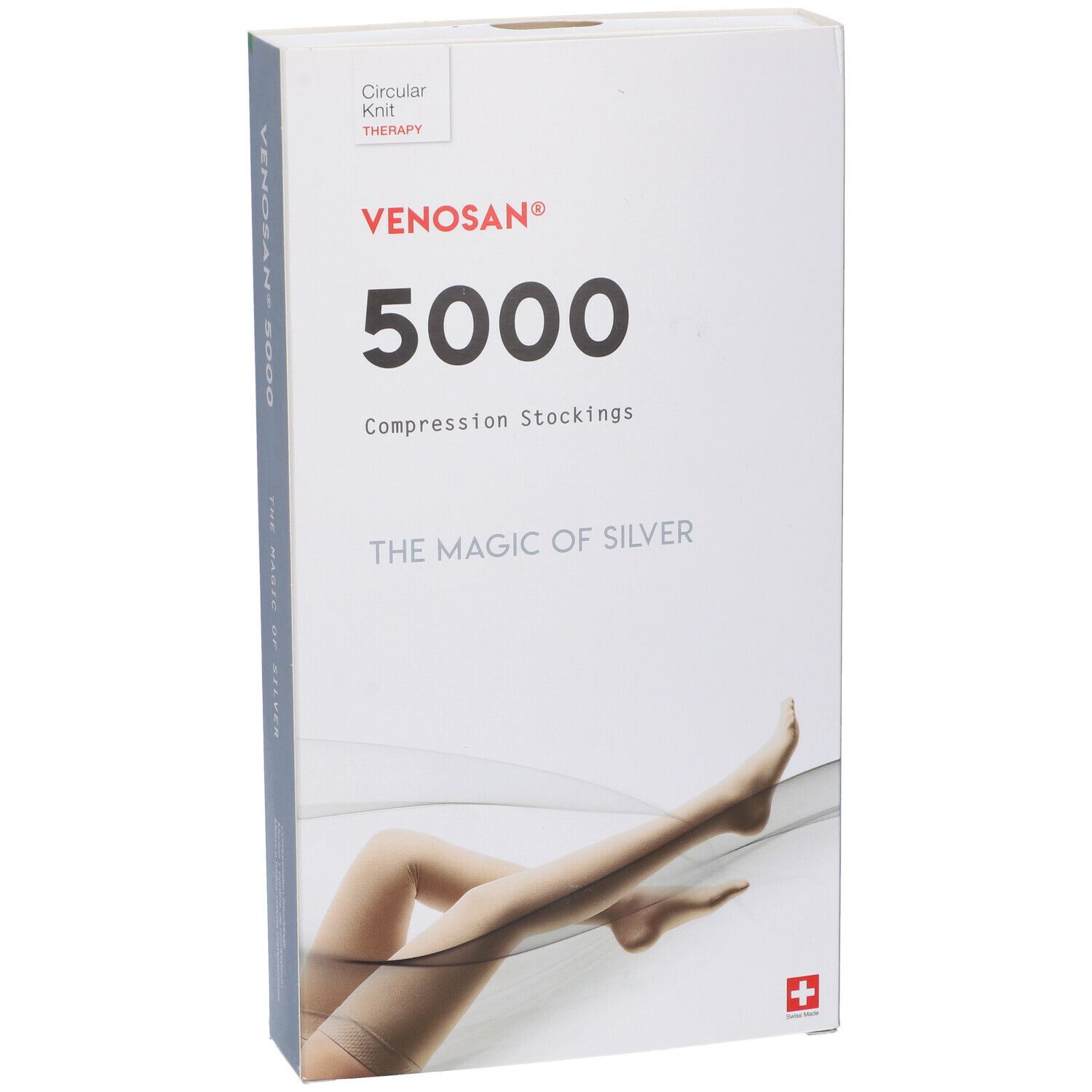 Confezione Venosan 5000 in diagonale. Scritte: Venosan, 5000, calze a compressione, The Magic of Silver. Croce svizzera. Illustrazione gamba.
