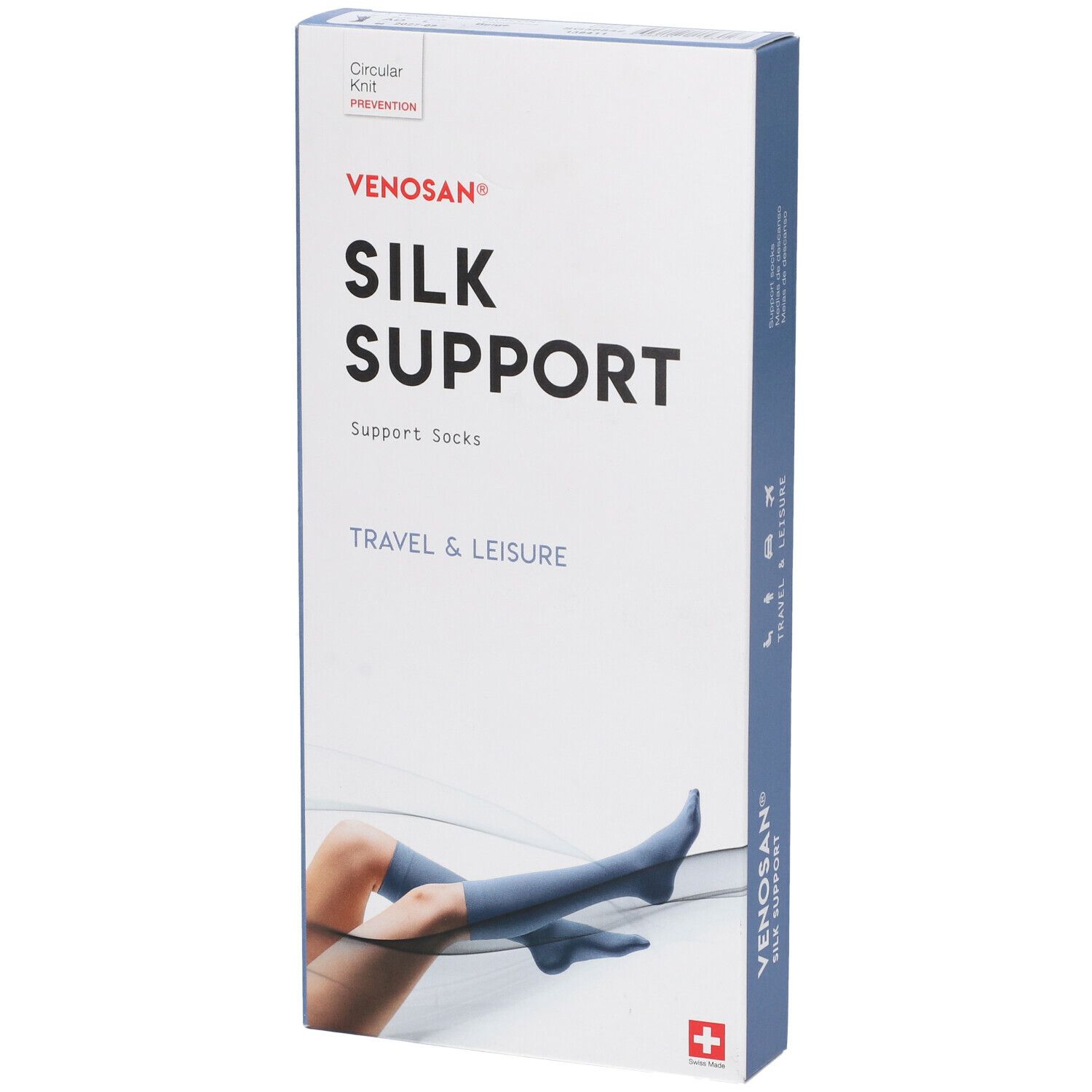 Confezione Venosan Silk Support. Immagine del prodotto e testo: Silk Support, Travel & Leisure. Croce svizzera. Scatola con lato blu.