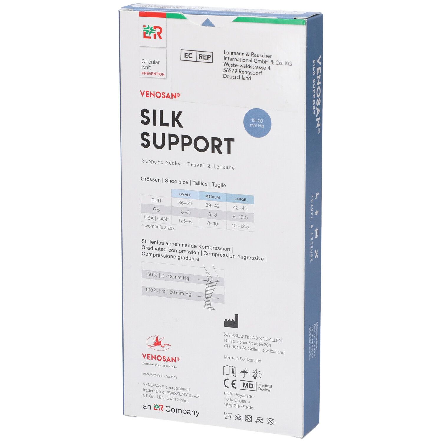 Confezione Venosan Silk Support. Retro con informazioni sulle taglie, testo e loghi. Croce svizzera. Scatola.