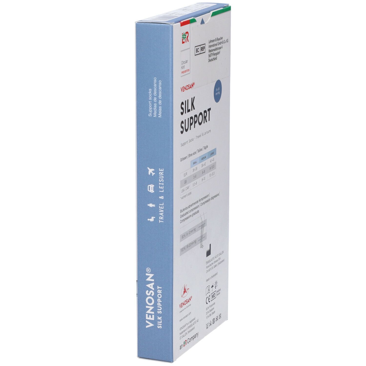 Confezione Venosan Silk Support. Lato blu con testo e loghi. Croce svizzera. Scatola.