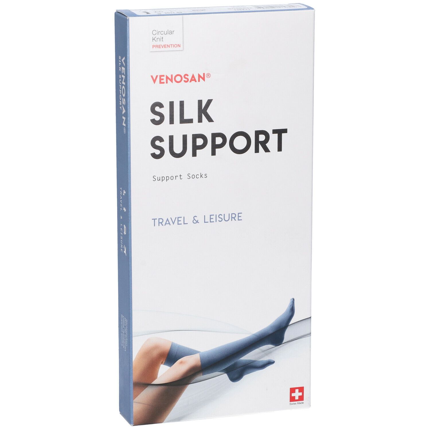 Confezione Venosan Silk Support. Immagine del prodotto e testo: Silk Support, Travel & Leisure. Croce svizzera. Scatola.